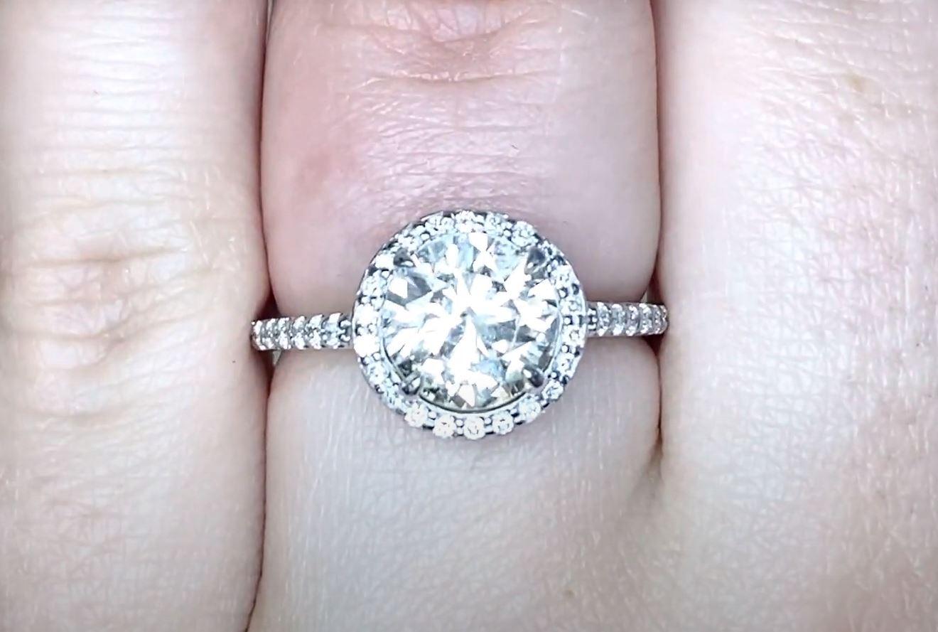 Women's 1.44ct Old European Cut Diamond Engagement Ring, Diamond Halo, Platinum For Sale