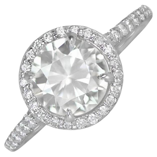 Bague de fiançailles avec diamant taille européenne ancienne 1,44 carat, halo de diamants, platine