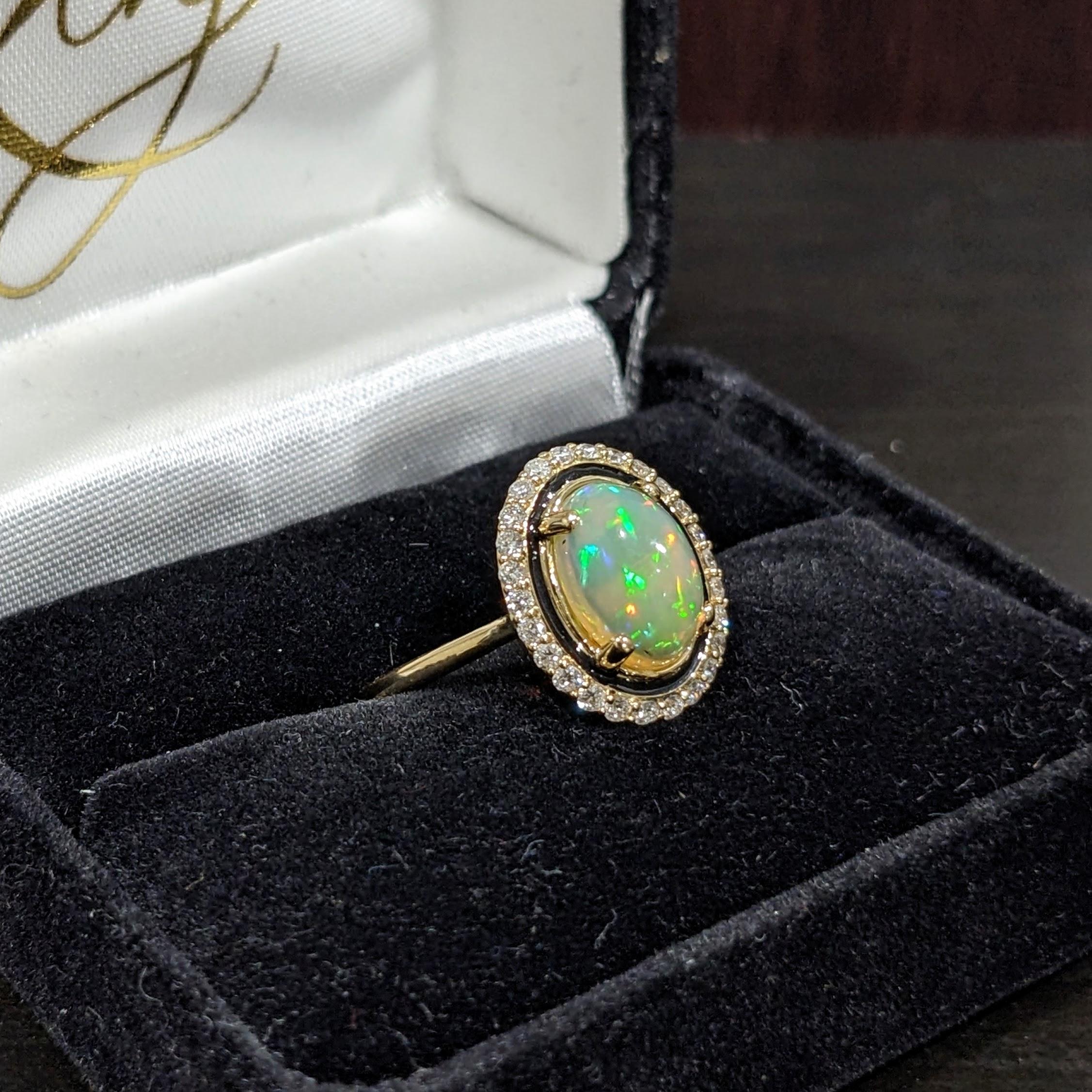 Art Deco 1.44ct Opal Ring w Natural Diamond Accents in Solid 14k Yellow Gold Oval 10x7mm For Sale