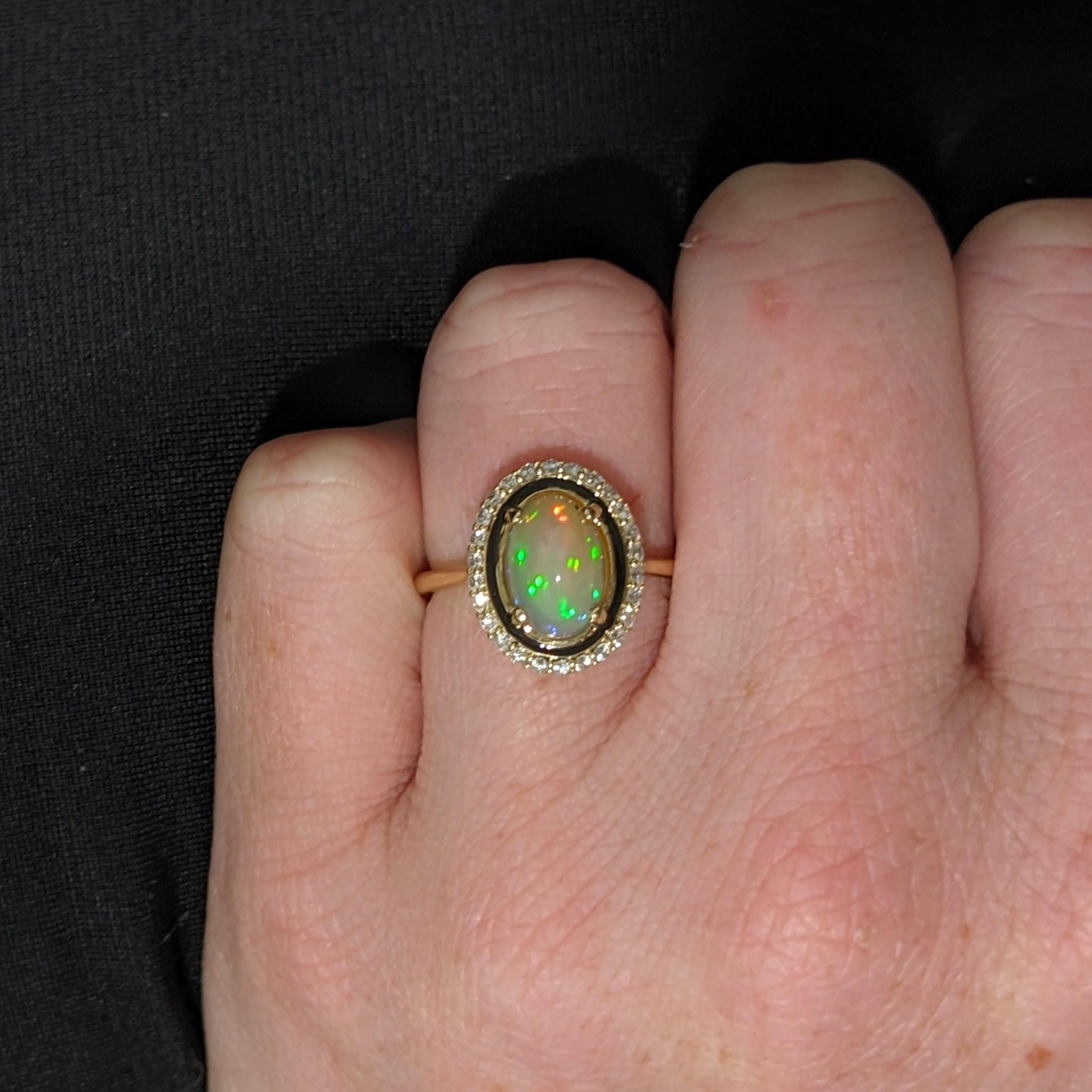 1.44ct Opal Ring w Natural Diamond Accents in Solid 14k Yellow Gold Oval 10x7mm For Sale 1