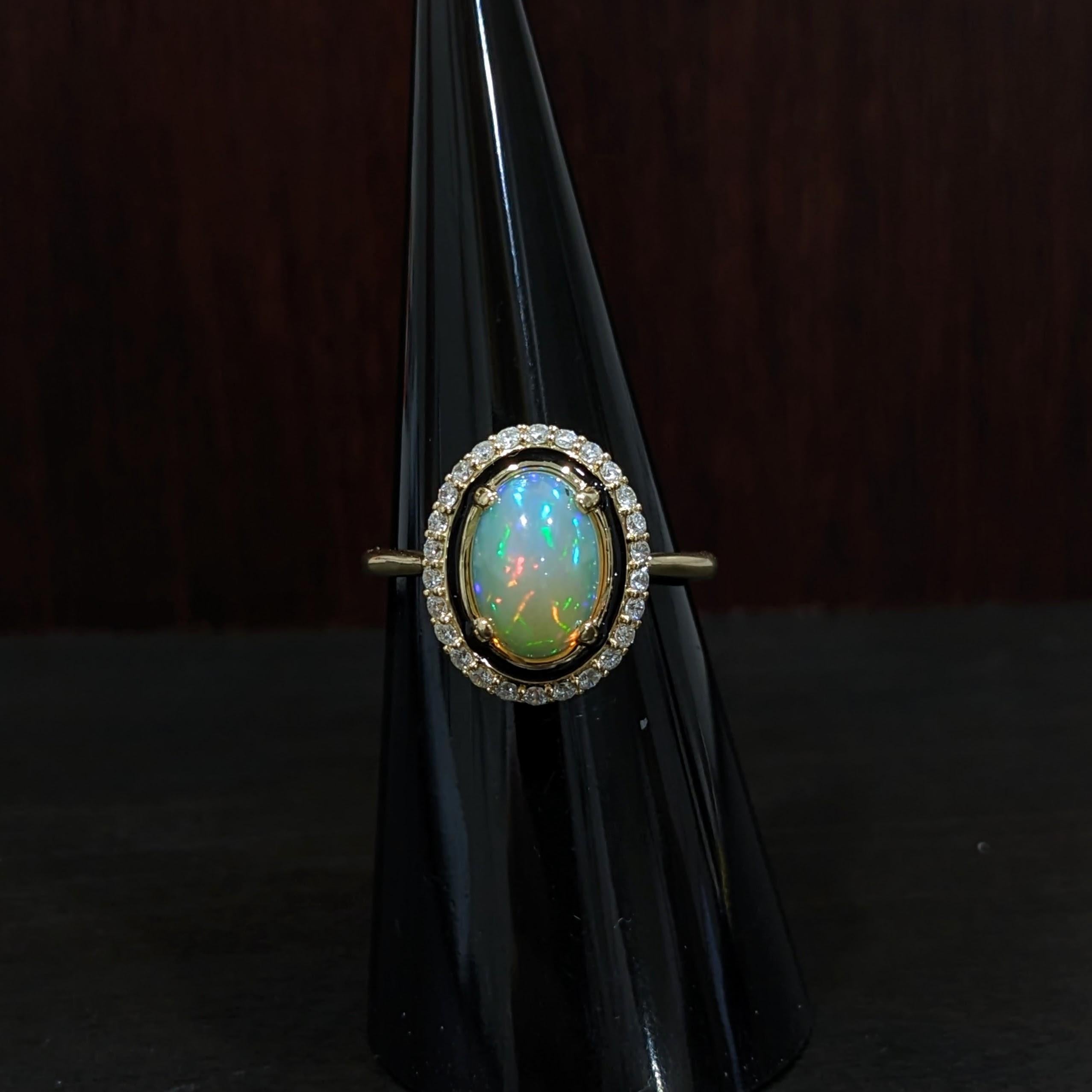 1.44ct Opal Ring w Natural Diamond Accents in Solid 14k Yellow Gold Oval 10x7mm For Sale 2
