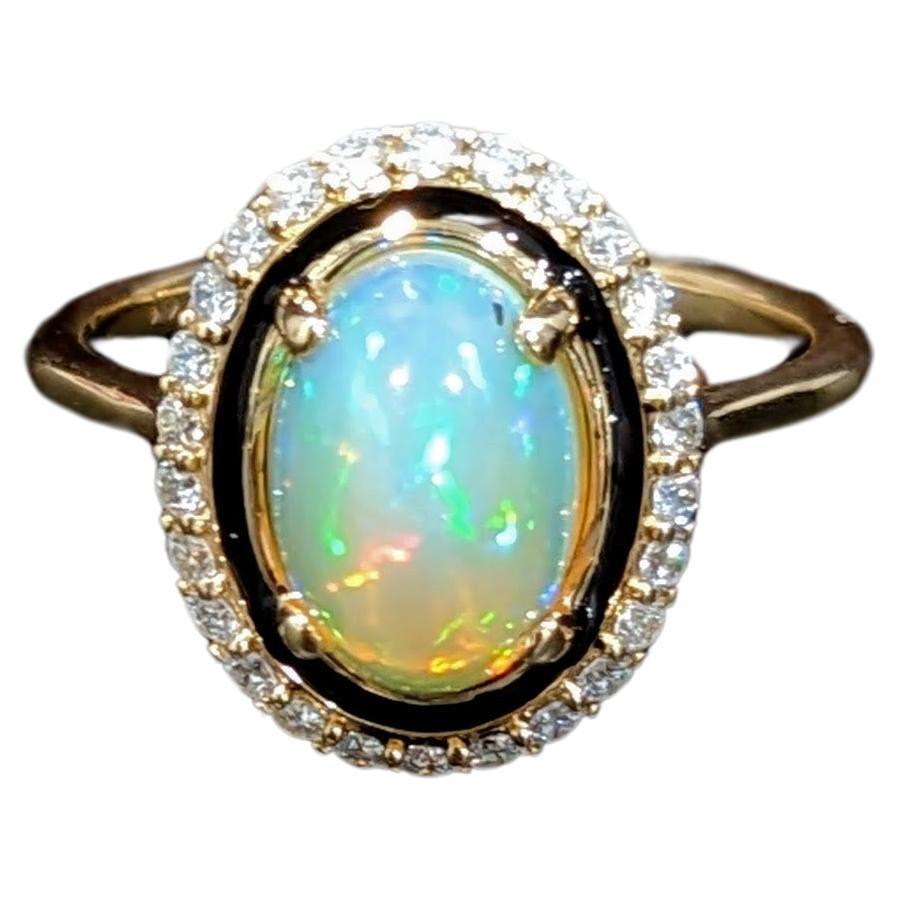 1.44ct Opal Ring w Natural Diamond Accents in Solid 14k Yellow Gold Oval 10x7mm For Sale