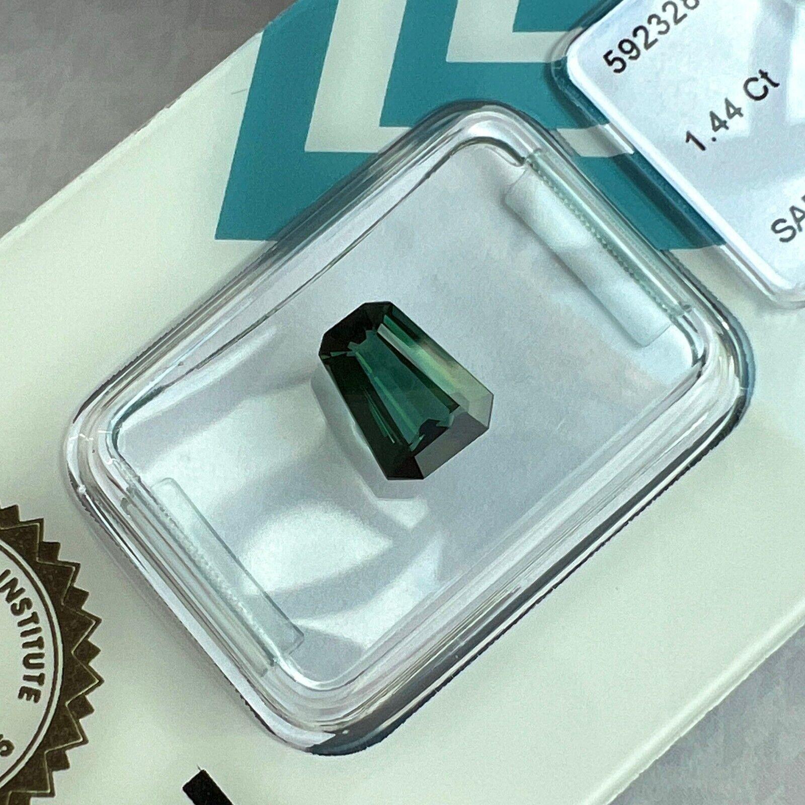 Women's or Men's 1.44ct Unique IGI Certified Green Blue Sapphire Untreated Fancy Emerald Cut For Sale