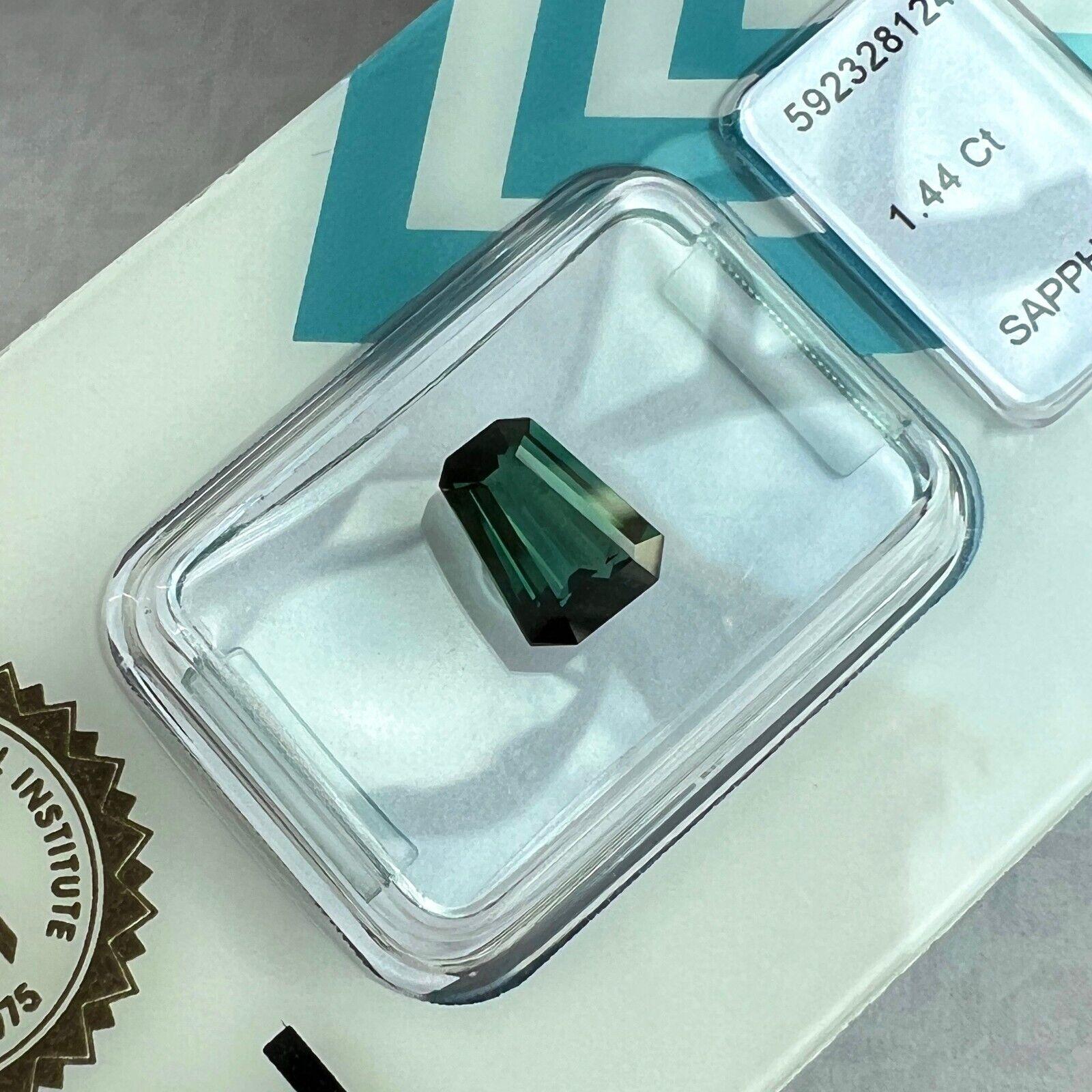 1.44ct Unique IGI Certified Green Blue Sapphire Untreated Fancy Emerald Cut For Sale 1