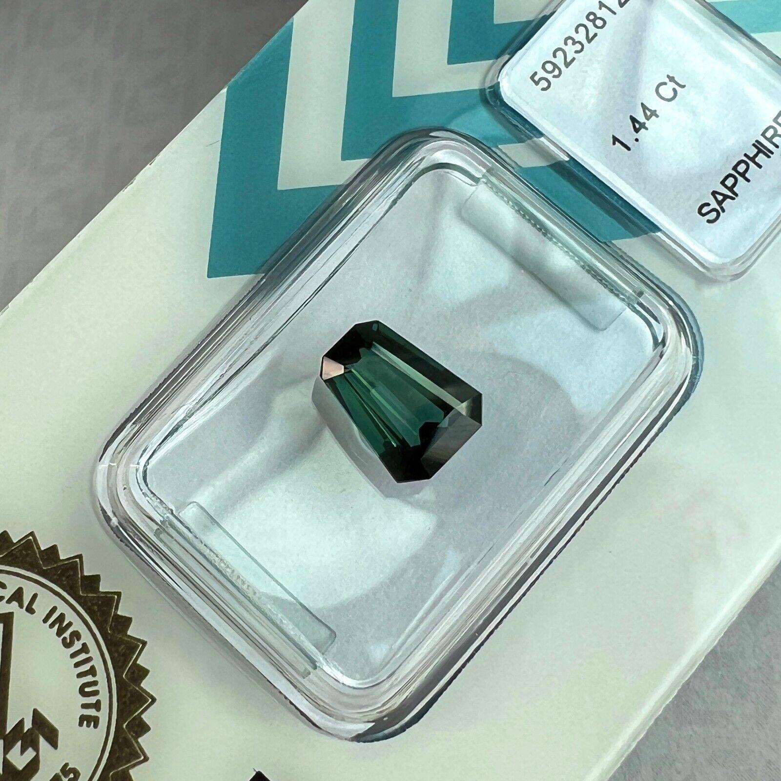 1.44ct Unique IGI Certified Green Blue Sapphire Untreated Fancy Emerald Cut For Sale 2