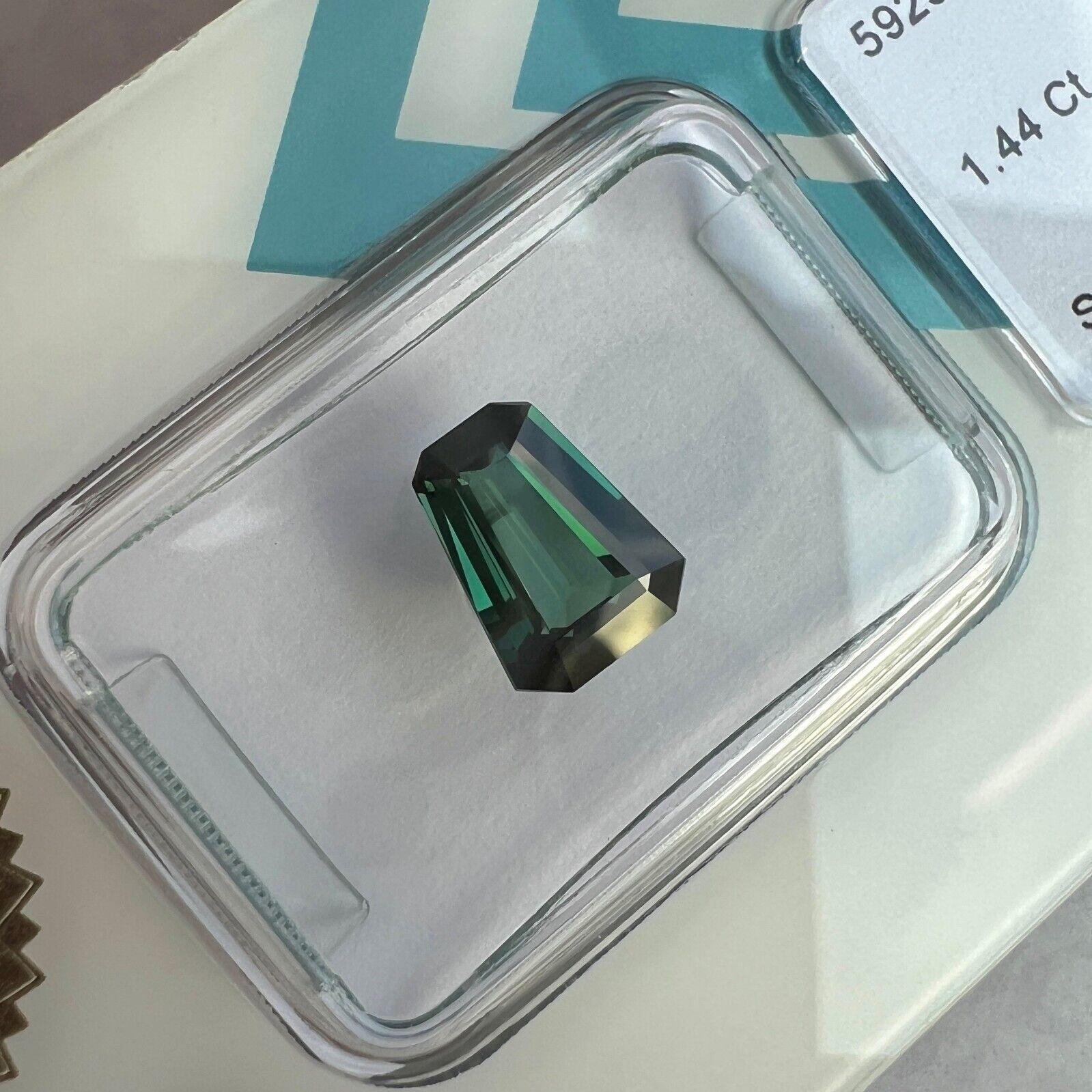 1.44ct Unique IGI Certified Green Blue Sapphire Untreated Fancy Emerald Cut For Sale 3