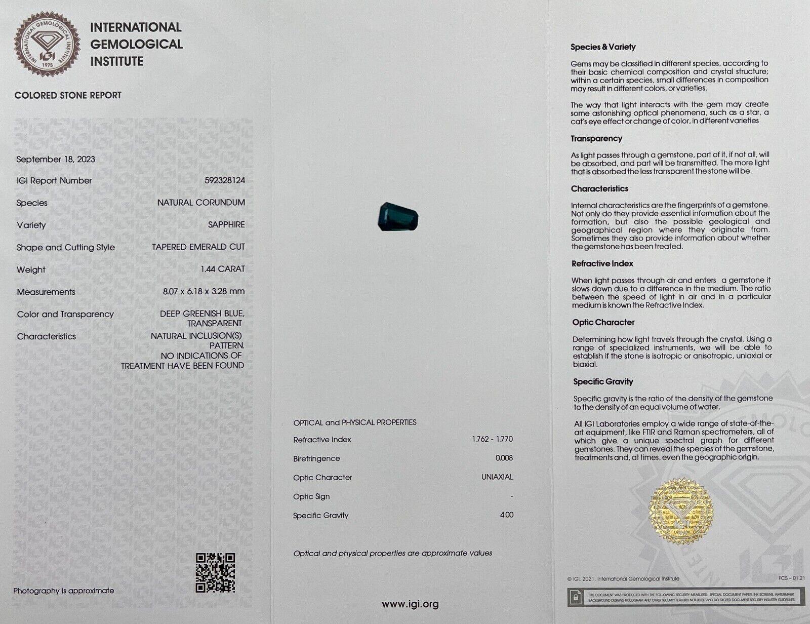 1,44 Karat einzigartiger IGI-zertifizierter grüner blauer Saphir unbehandelter Fancy Smaragdschliff im Angebot 4