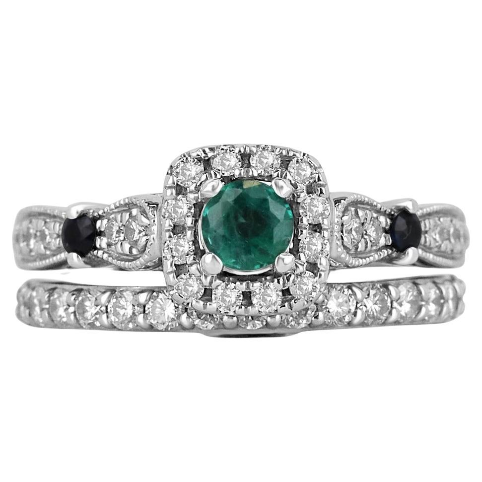 1.44tcw 14K Natural Round Cut Emerald, Sapphire, Diamond Accent White Gold Ring For Sale