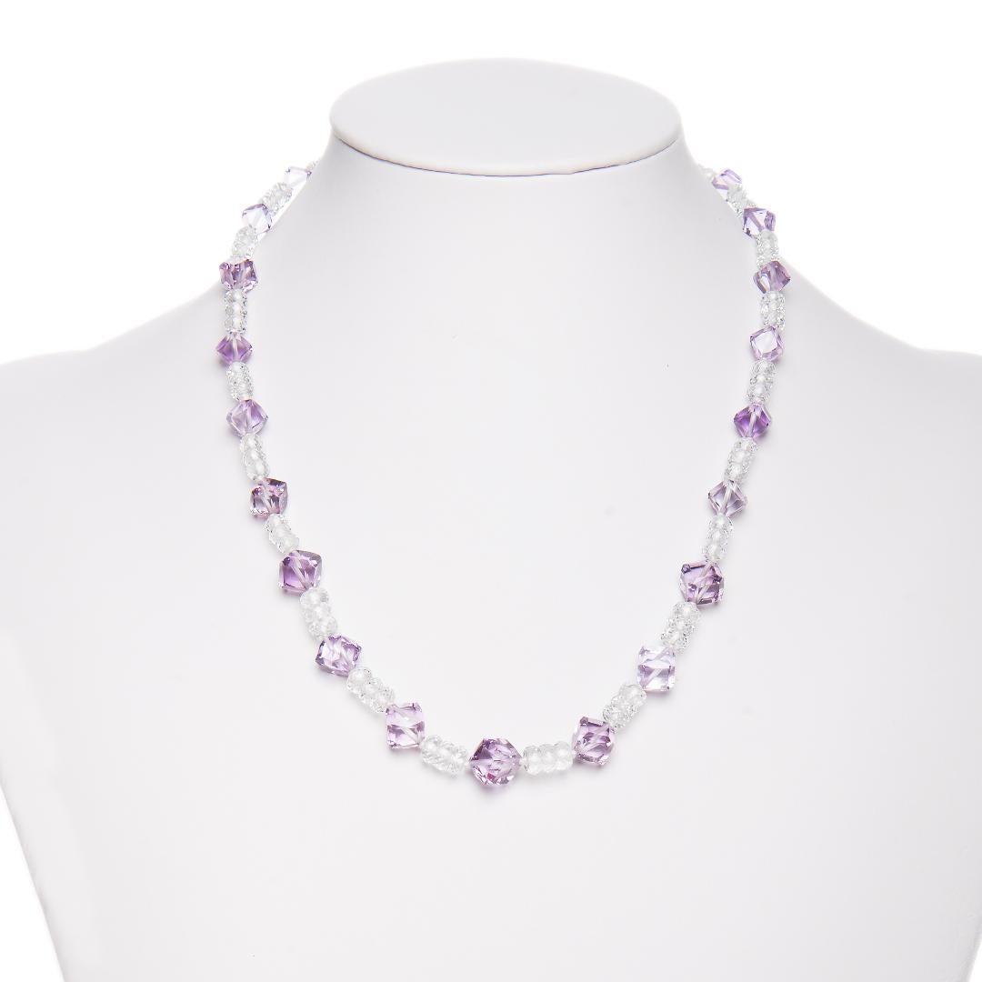 Contemporary 145 Carat Amethyst Clear Topaz Bead Necklace 14 Karat White Gold Natalie Barney For Sale