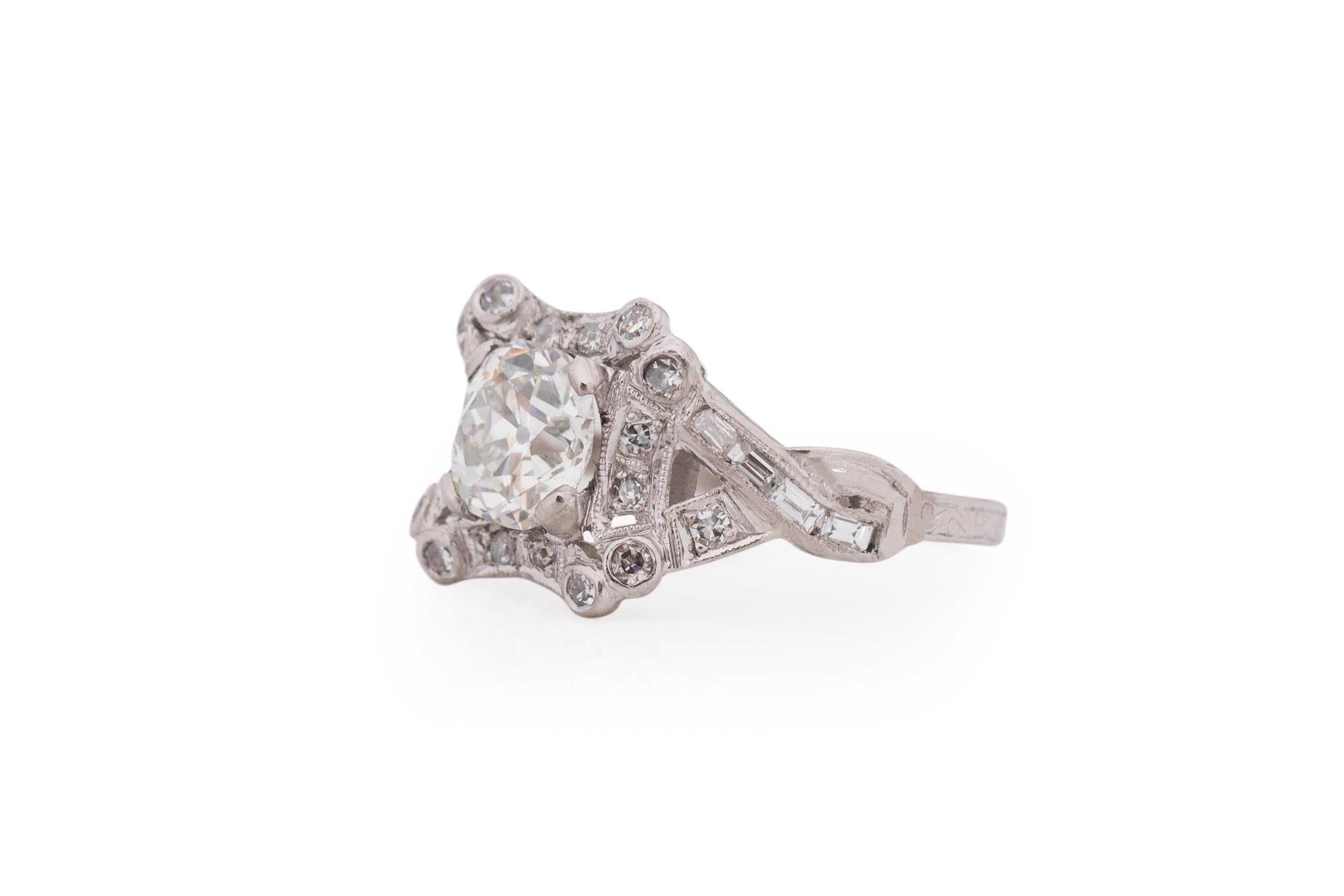 Antique Cushion Cut 1.45 Carat Art Deco Diamond Platinum Engagement Ring For Sale