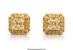 1.45 Carat Asscher Cut Yellow Diamonds Stud Earrings, 18K Yellow Gold