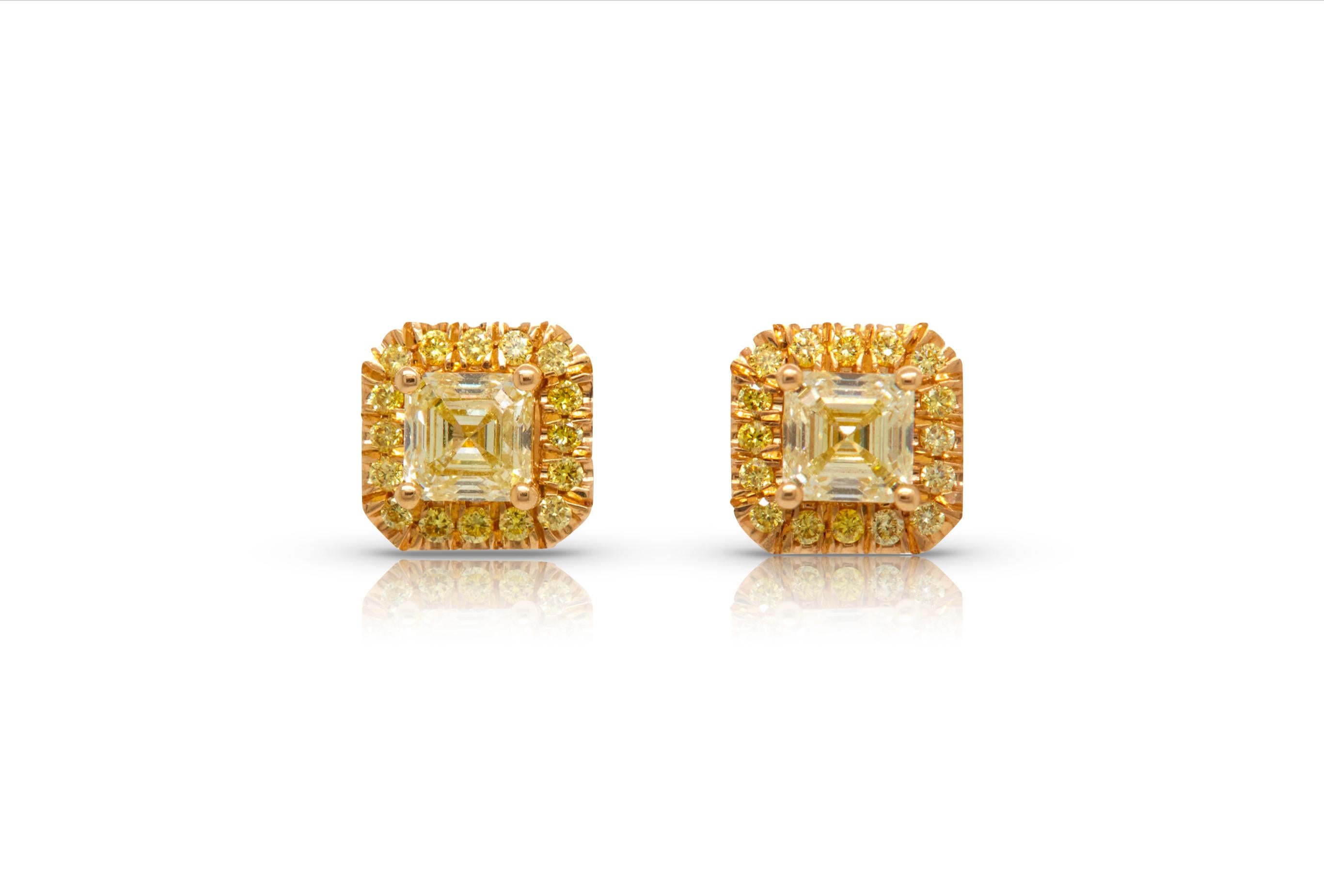 1.45 Carat Asscher Cut Yellow Diamonds Stud Earrings, 18K Yellow Gold In New Condition For Sale In New York, NY
