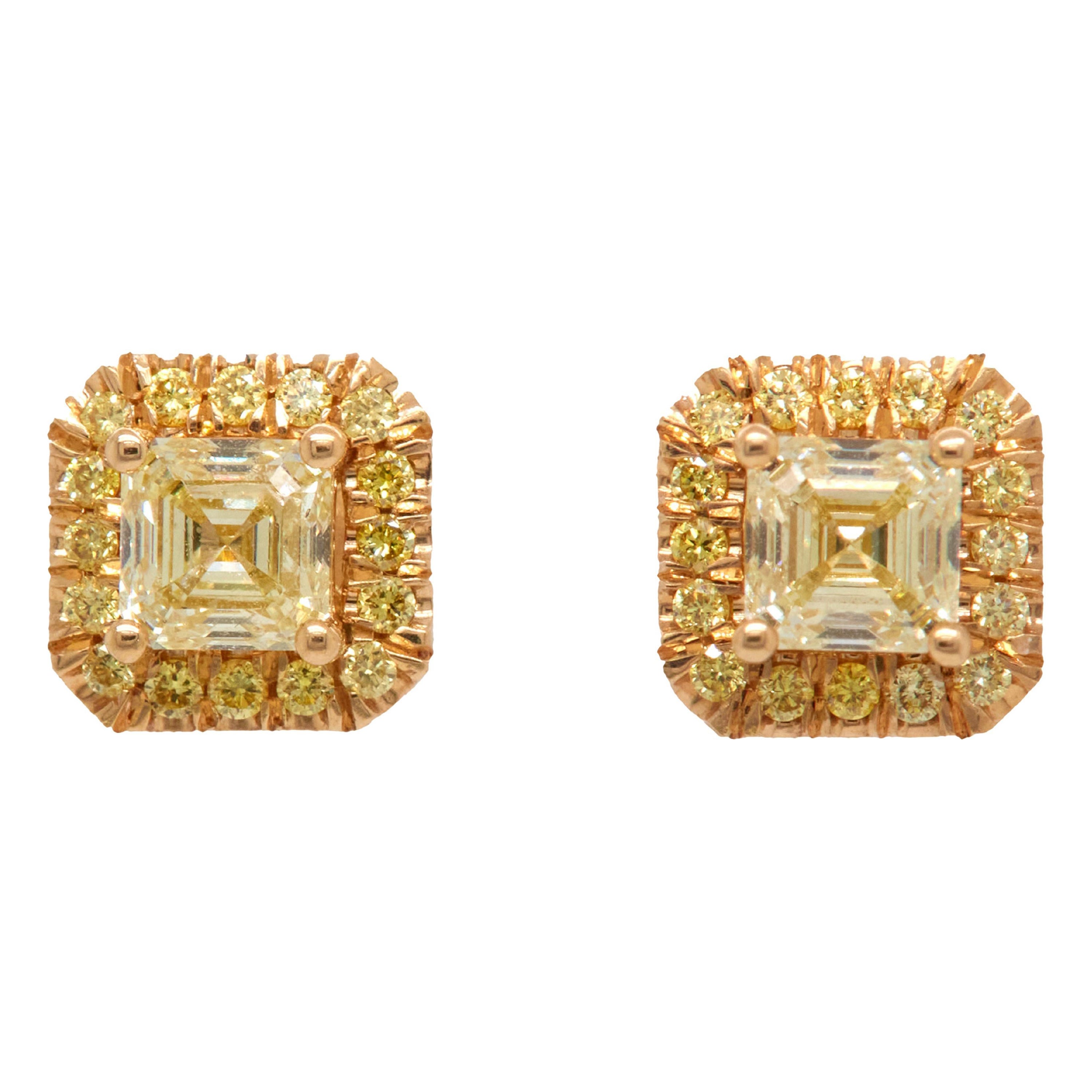 1,45 Karat gelbe Diamanten im Asscher-Schliff, Ohrstecker, 18 Karat Gelbgold