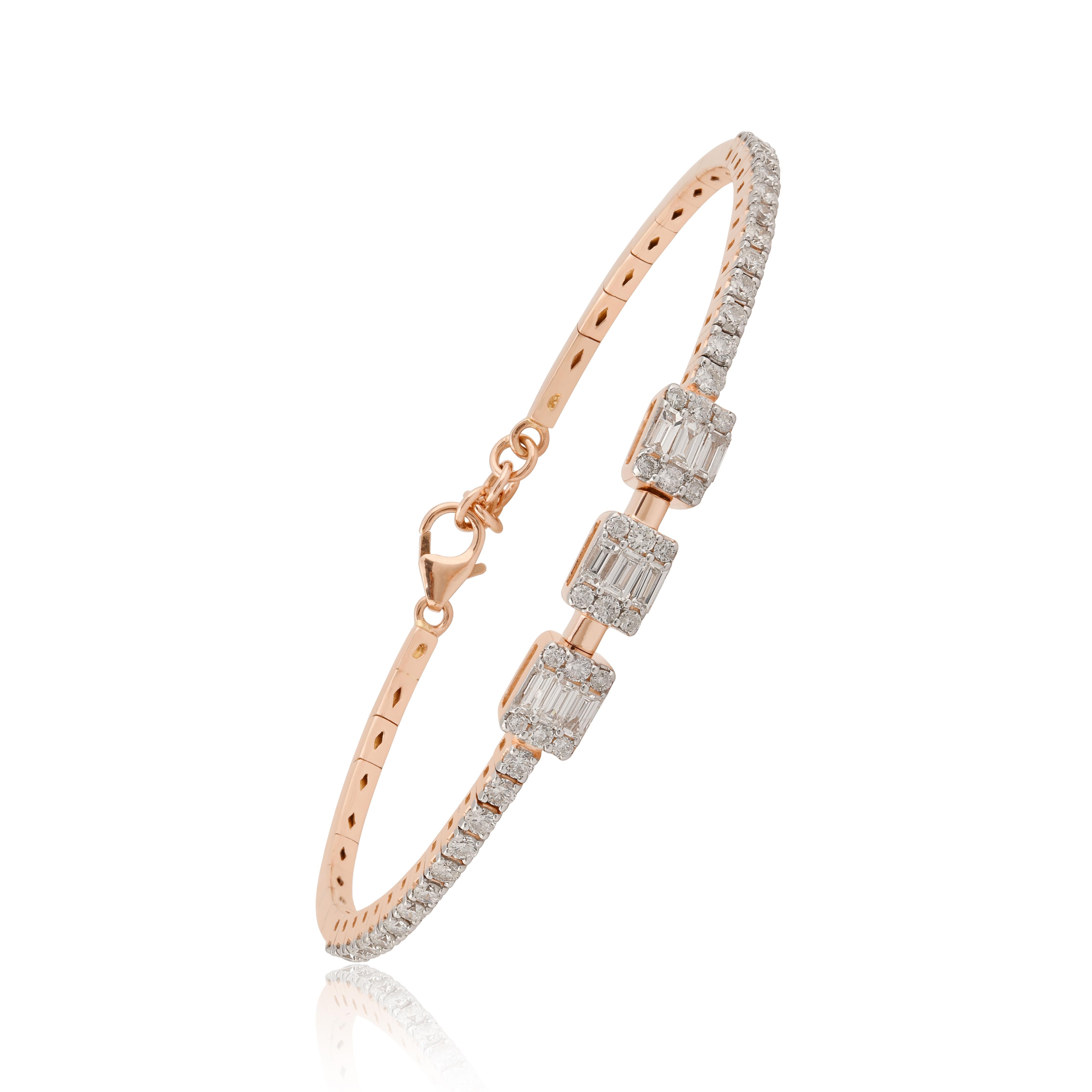 Modern 1.45 Carat Baguette Diamond Pave Bracelet 14k Rose Gold Lobster Clasp Jewelry For Sale
