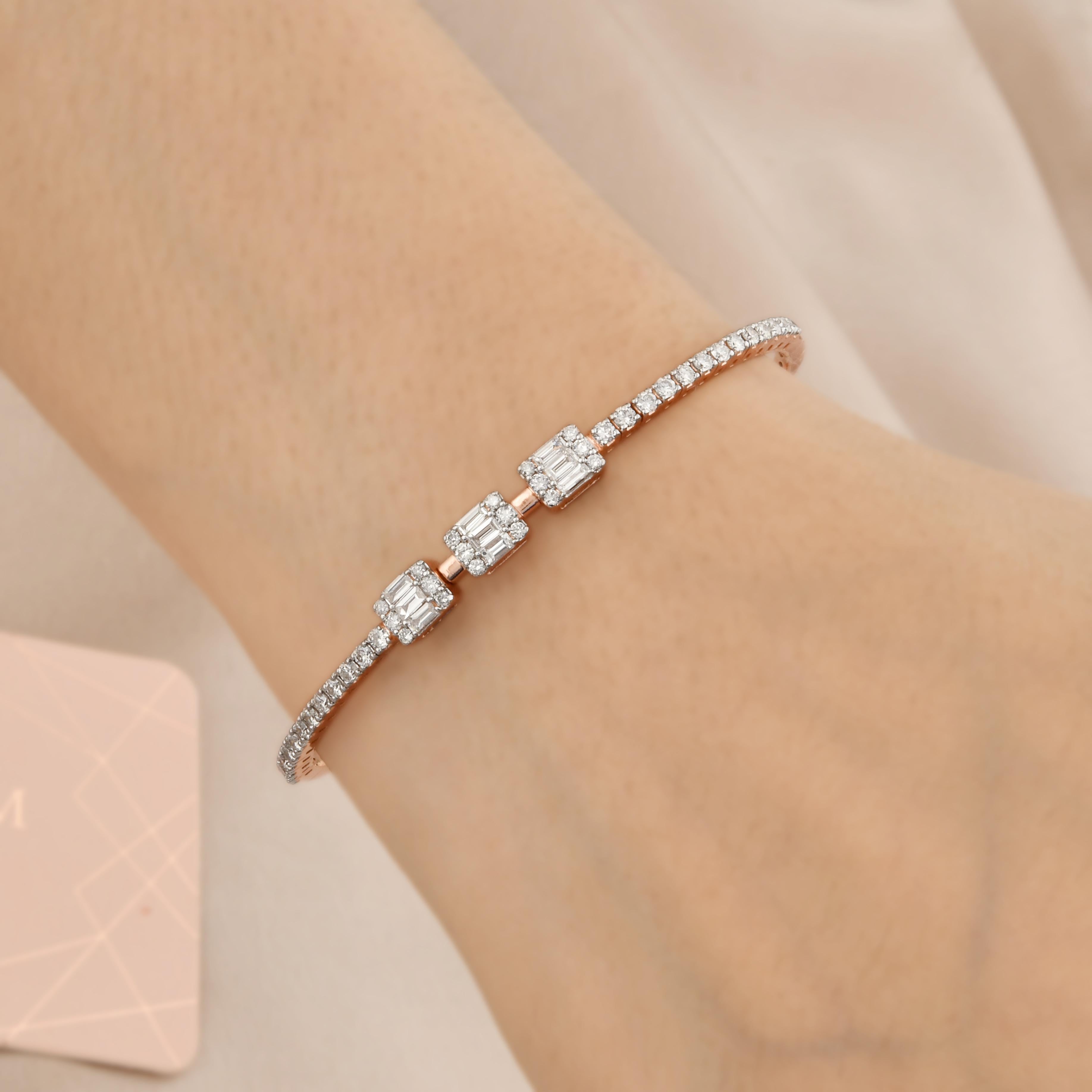 1,45 quilates Baguette Diamond Pave Pulsera 18k Rose Gold Lobster Clasp Joyería Corte baguette en venta