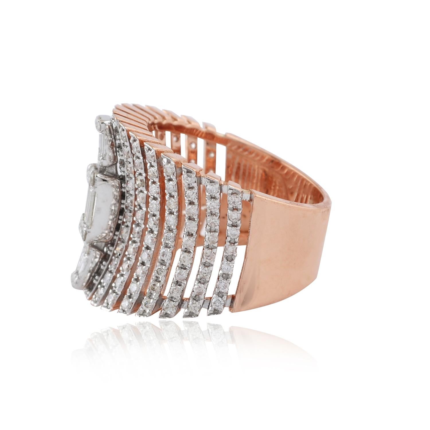 Modern 1.45 Carat Baguette & Round Diamond Dome Ring 18 Karat Rose Gold Fine Jewelry For Sale