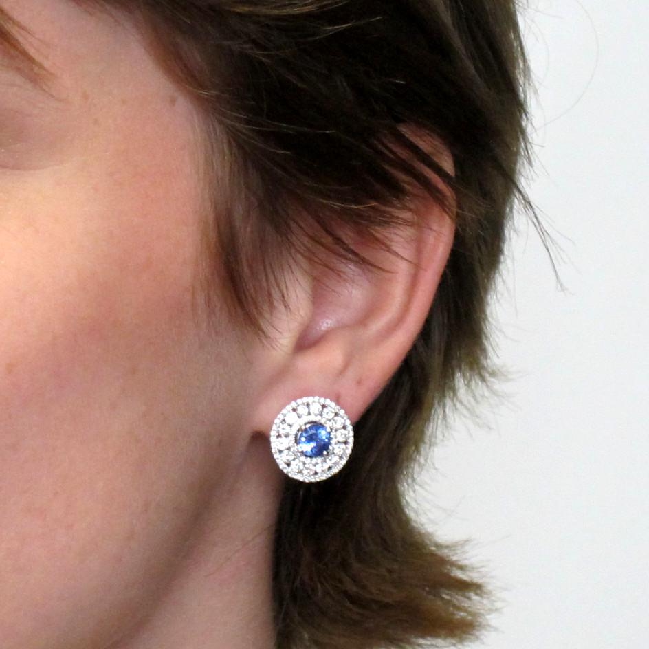Cornflower Blue Sapphire, Diamond 18k White Gold Hinged Back Post Round Earrings 1