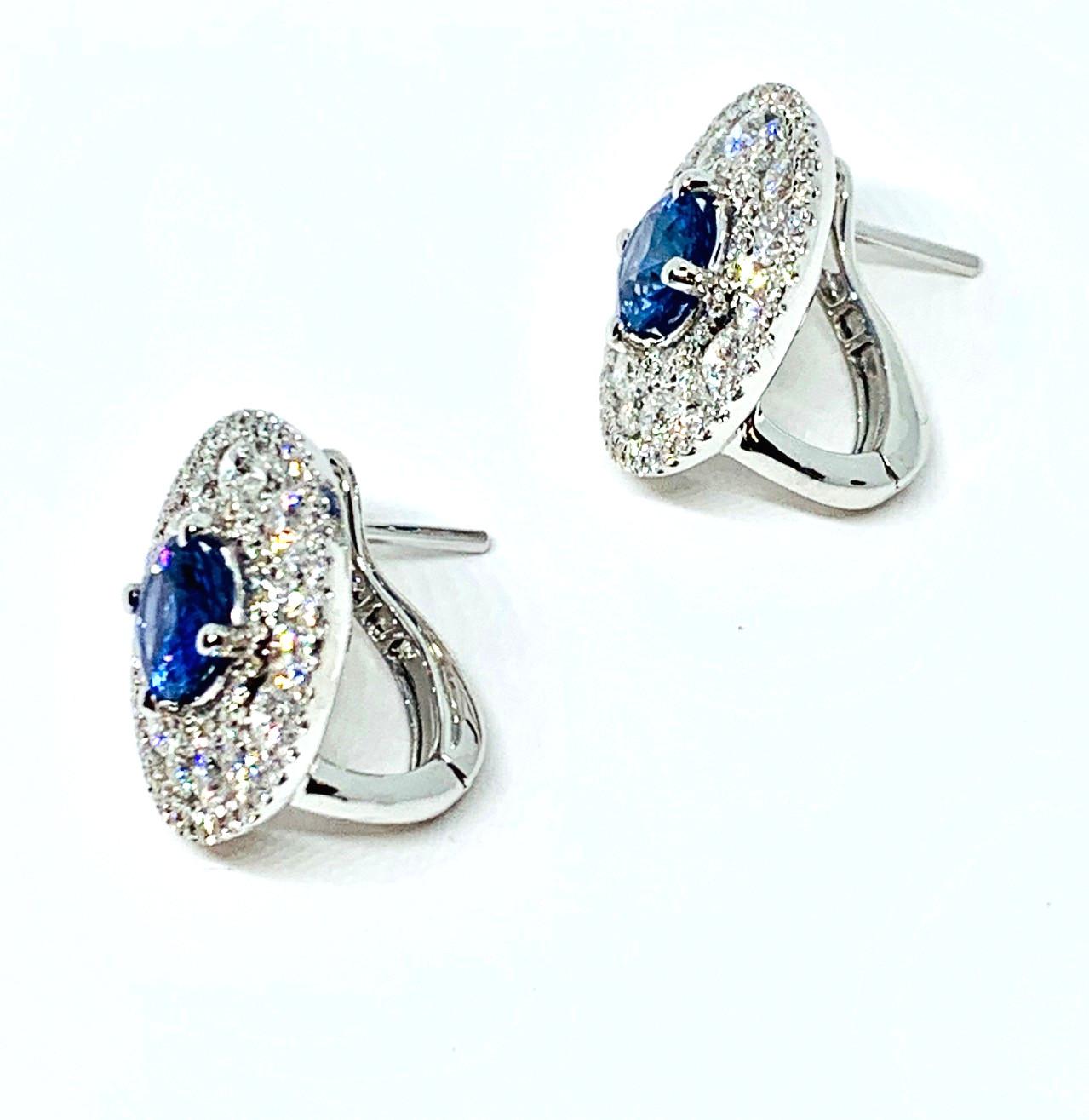Artisan Cornflower Blue Sapphire, Diamond 18k White Gold Hinged Back Post Round Earrings