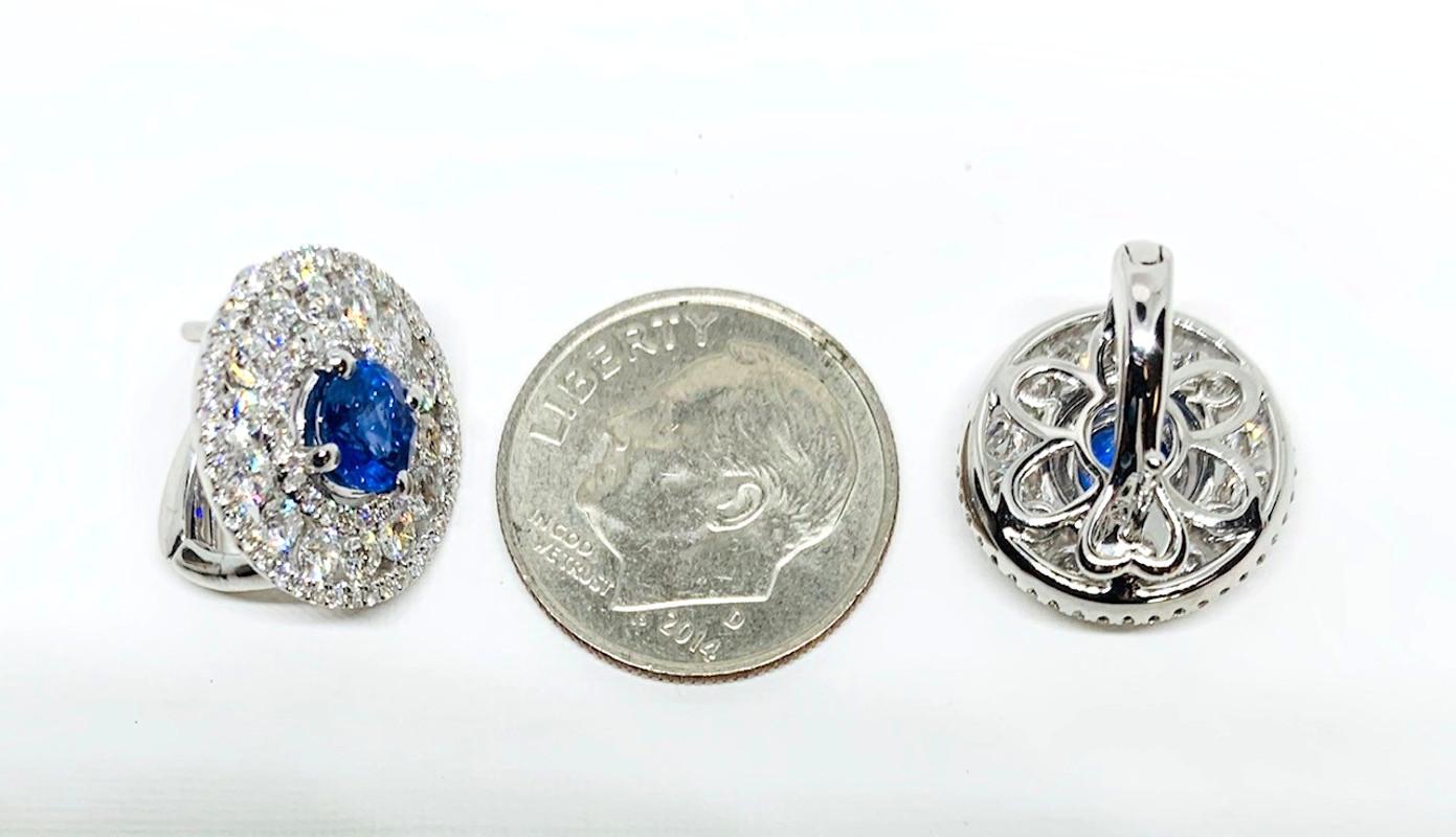 Women's Cornflower Blue Sapphire, Diamond 18k White Gold Hinged Back Post Round Earrings