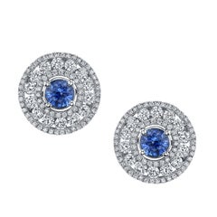 Cornflower Blue Sapphire, Diamond 18k White Gold Hinged Back Post Round Earrings