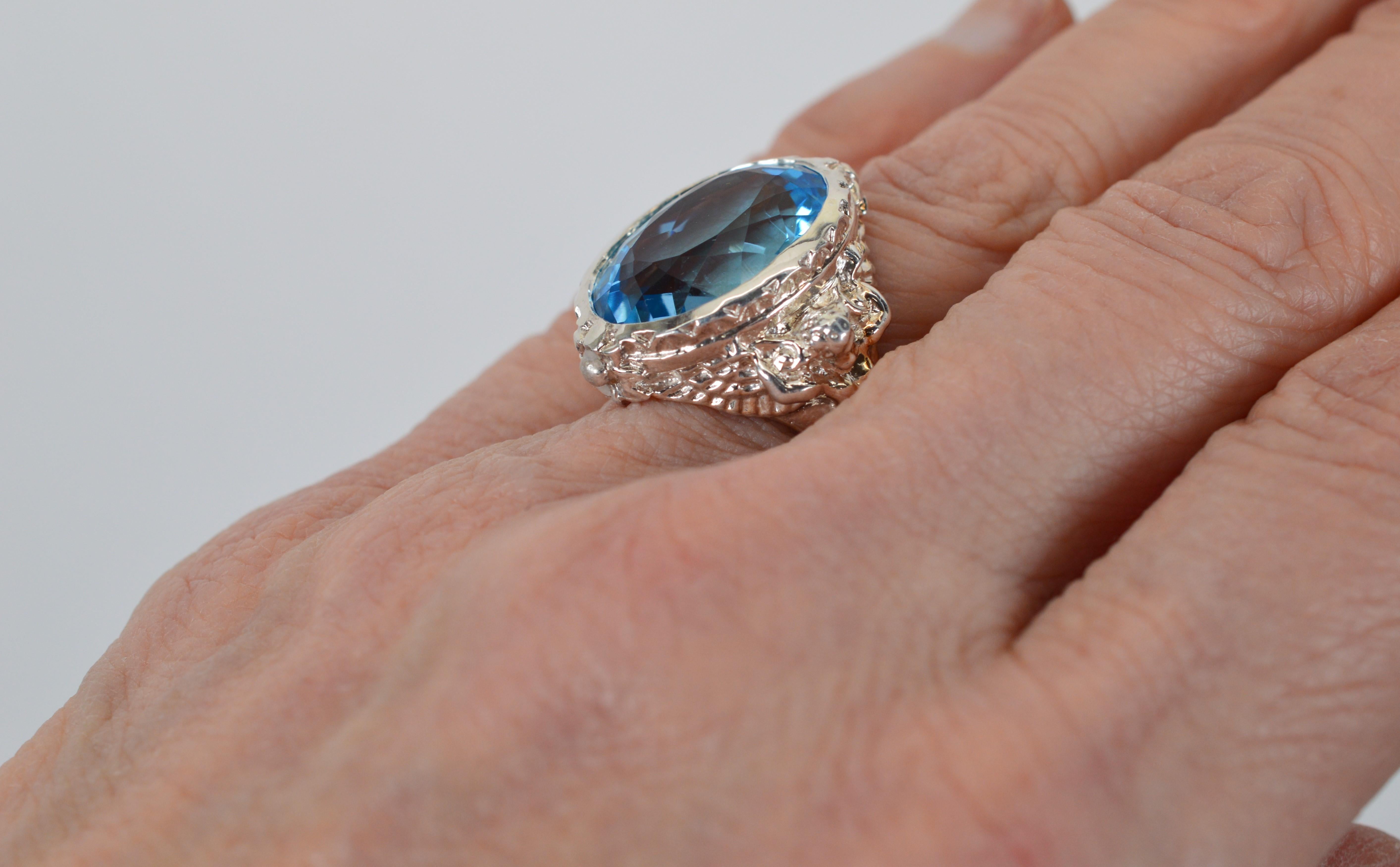 14.5 Carat Blue Topaz Sterling Silver Cocktail Ring For Sale 9