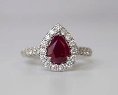 1.45 Carat Burma Ruby Pear Halo Ring