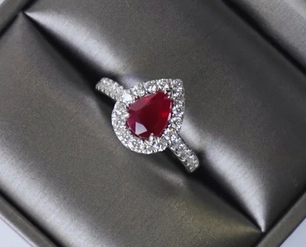 Women's 1.45 Carat Burma Ruby Pear Halo Ring For Sale