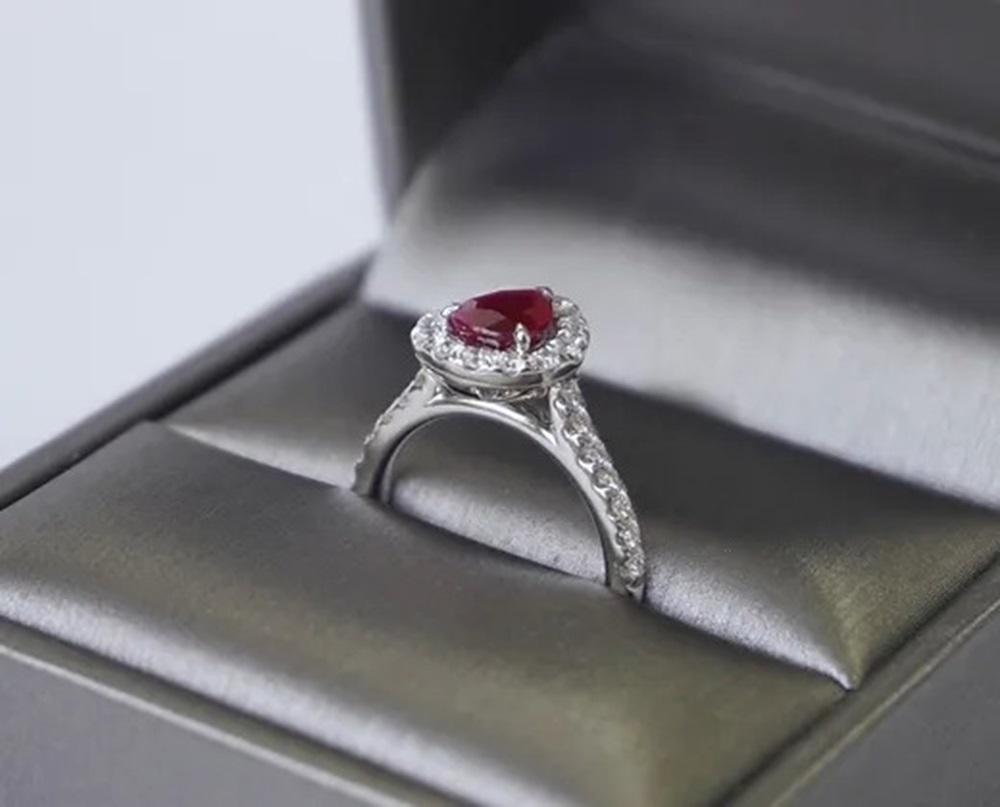 1.45 Carat Burma Ruby Pear Halo Ring For Sale 1