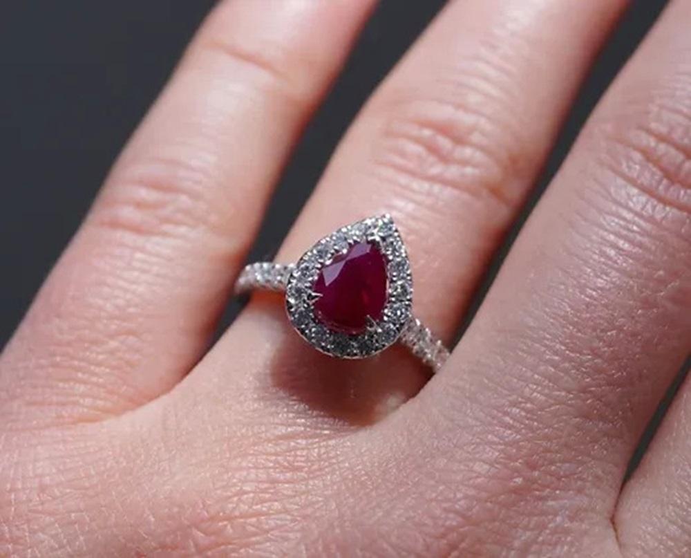 1.45 Carat Burma Ruby Pear Halo Ring For Sale 2