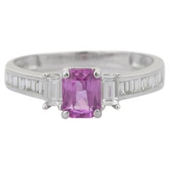 1.45 Carat Certified Pink Sapphire and Diamond Engagement Ring in 18K White Gold