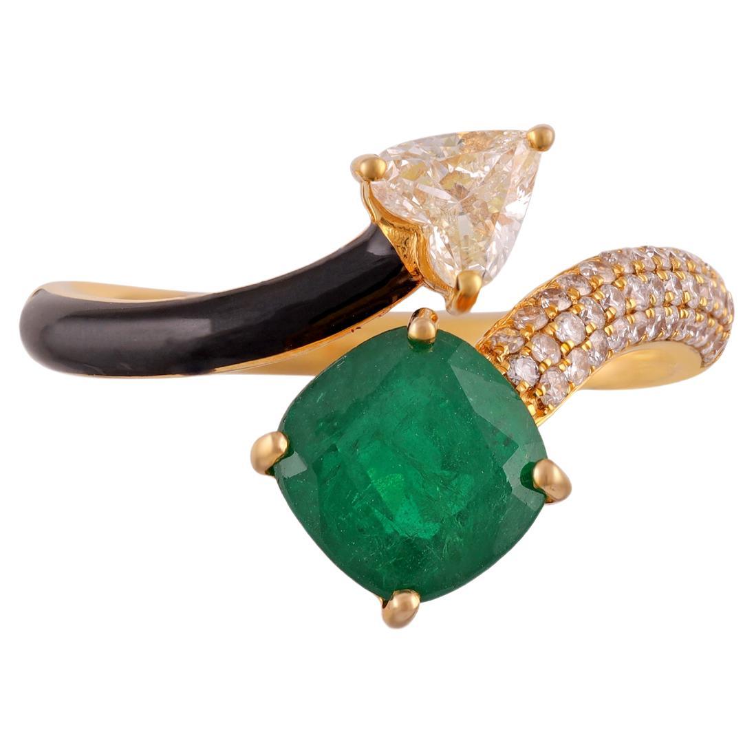 1.45 Carat Clear Zambian Emerald & Diamond Ring with Enamel & 18K Gold For Sale