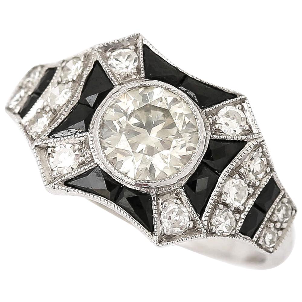 1.45 Carat Diamond and Onyx 18 Karat Gold Art Deco Style Solitaire Cluster Ring