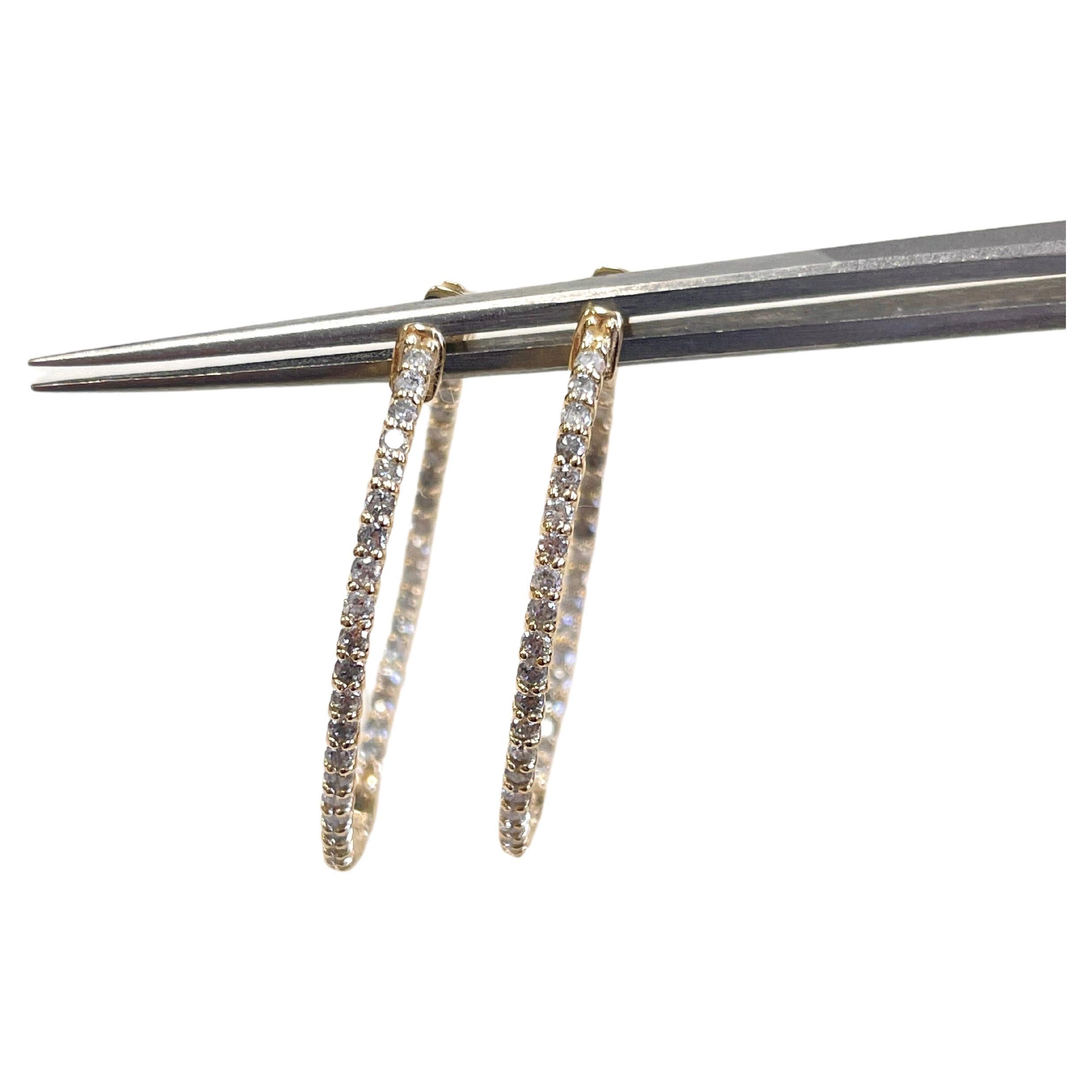 1.45 Carat Diamond Oval Hoops Earrings 14 Karat Yellow Gold For Sale