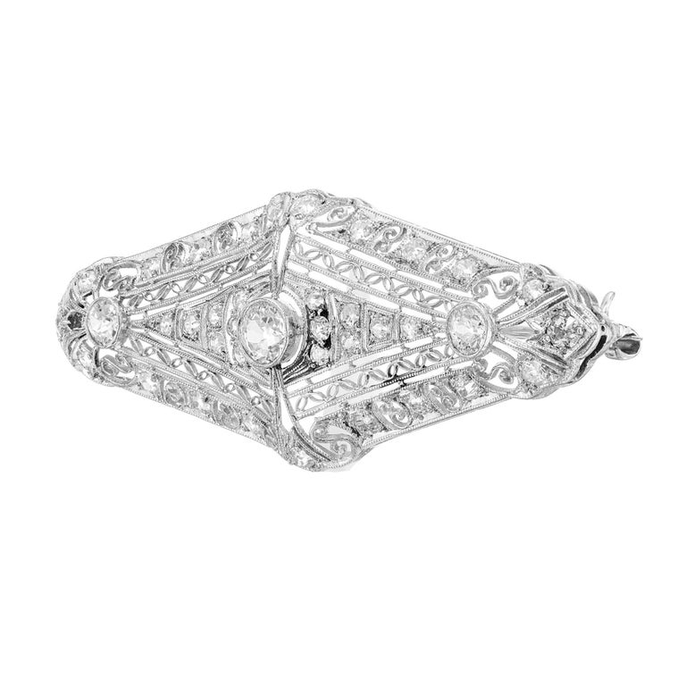 Old European Cut 1.45 Carat Diamond Platinum Edwardian Brooch For Sale