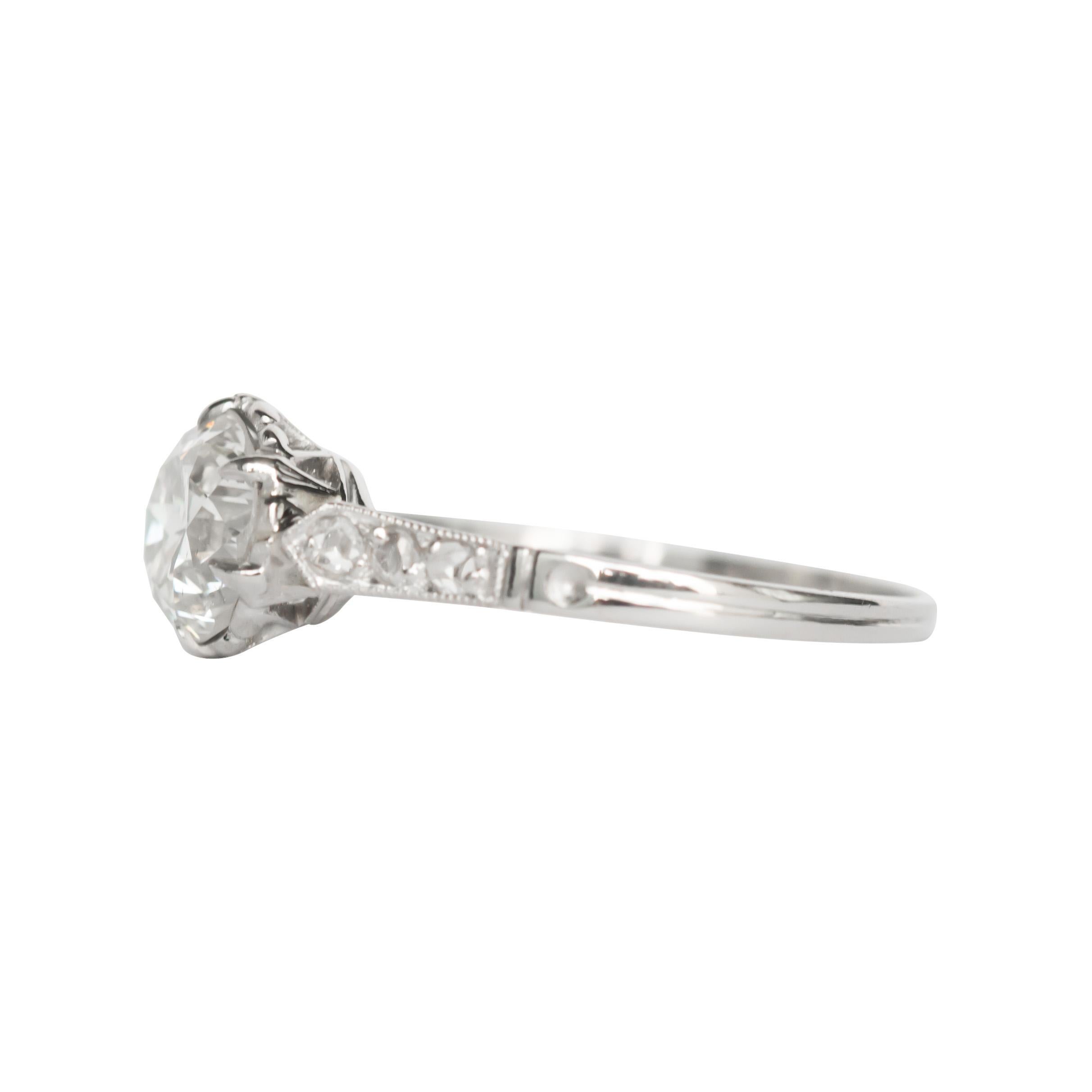 Ring Size: 8
Metal Type: Platinum 
Weight: 2.7 grams

Center Diamond Details
Shape: Old European Brilliant 
Carat Weight: 1.45 carat 
Color: J
Clarity:SI2

Side Stone Details: 
Shape: Rose Cut 
Total Carat Weight: .08 carat, total weight
Color: