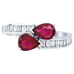 1.45 Carat Double Pear Ruby and Diamond Ring, 14 Karat White Gold