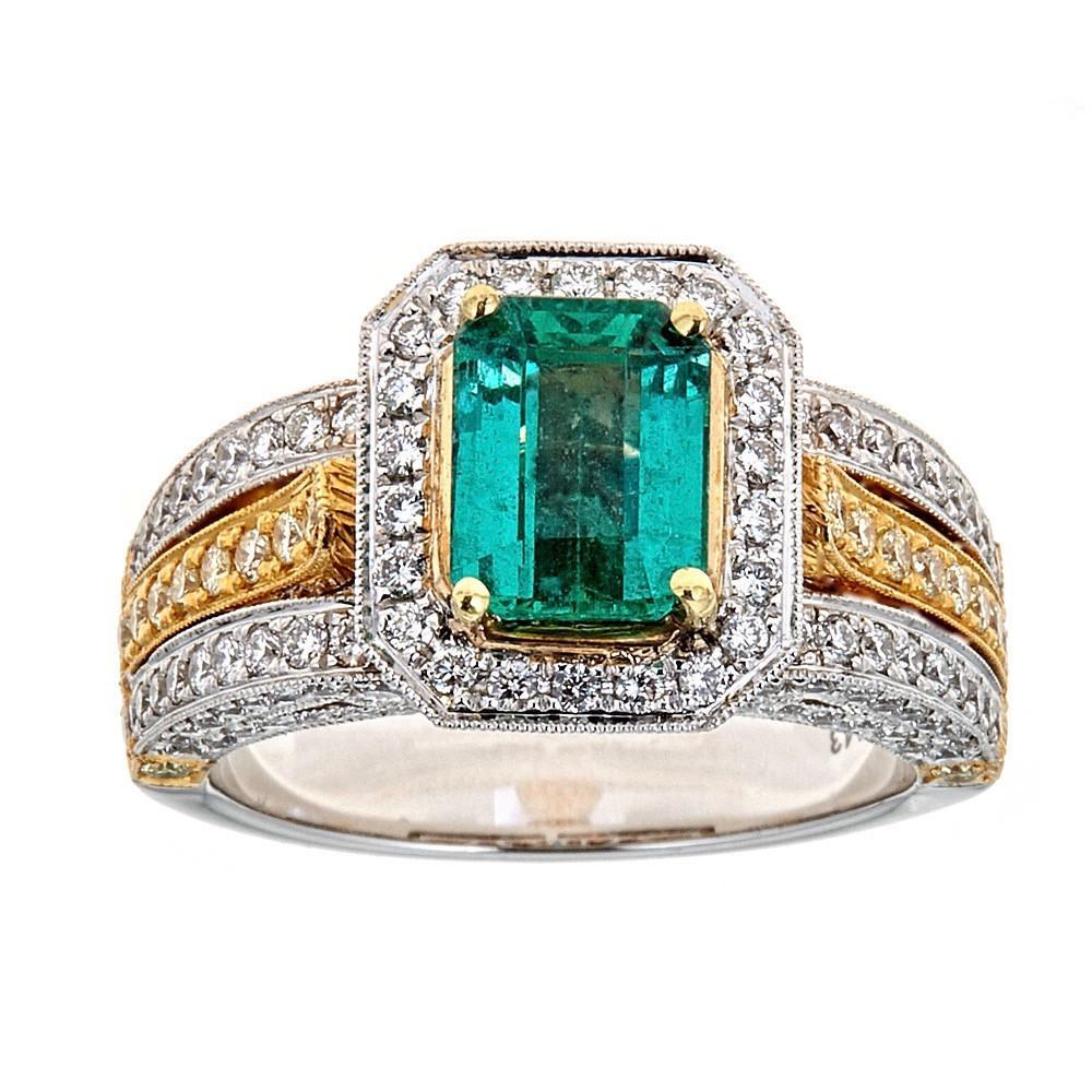 1.45 Carat Emerald and White Diamond Wedding Ring in 18 Kt Two-Tone Gold Jewelry