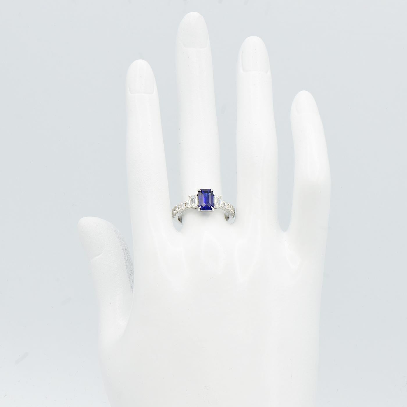 1.45 Carat Emerald Cut Sapphire Ring with Emerald Cut and Round Diamonds In New Condition In Great Neck, NY
