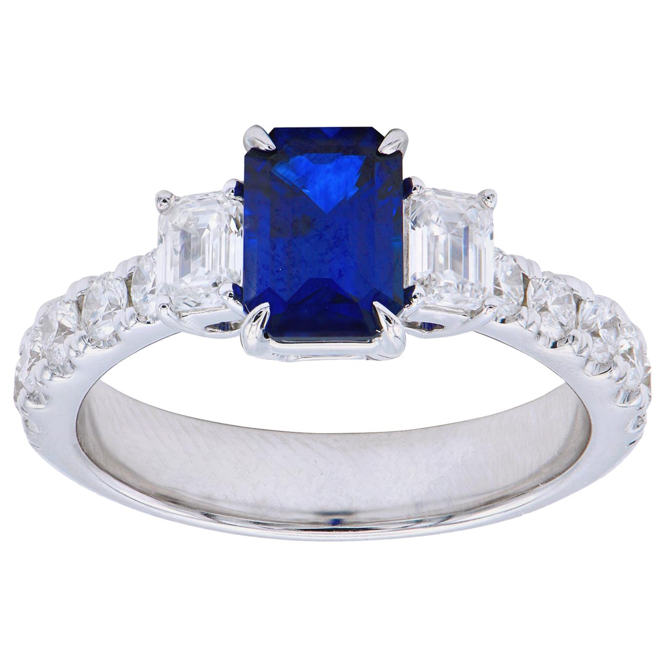1.45 Carat Emerald Cut Sapphire Ring with Emerald Cut and Round Diamonds