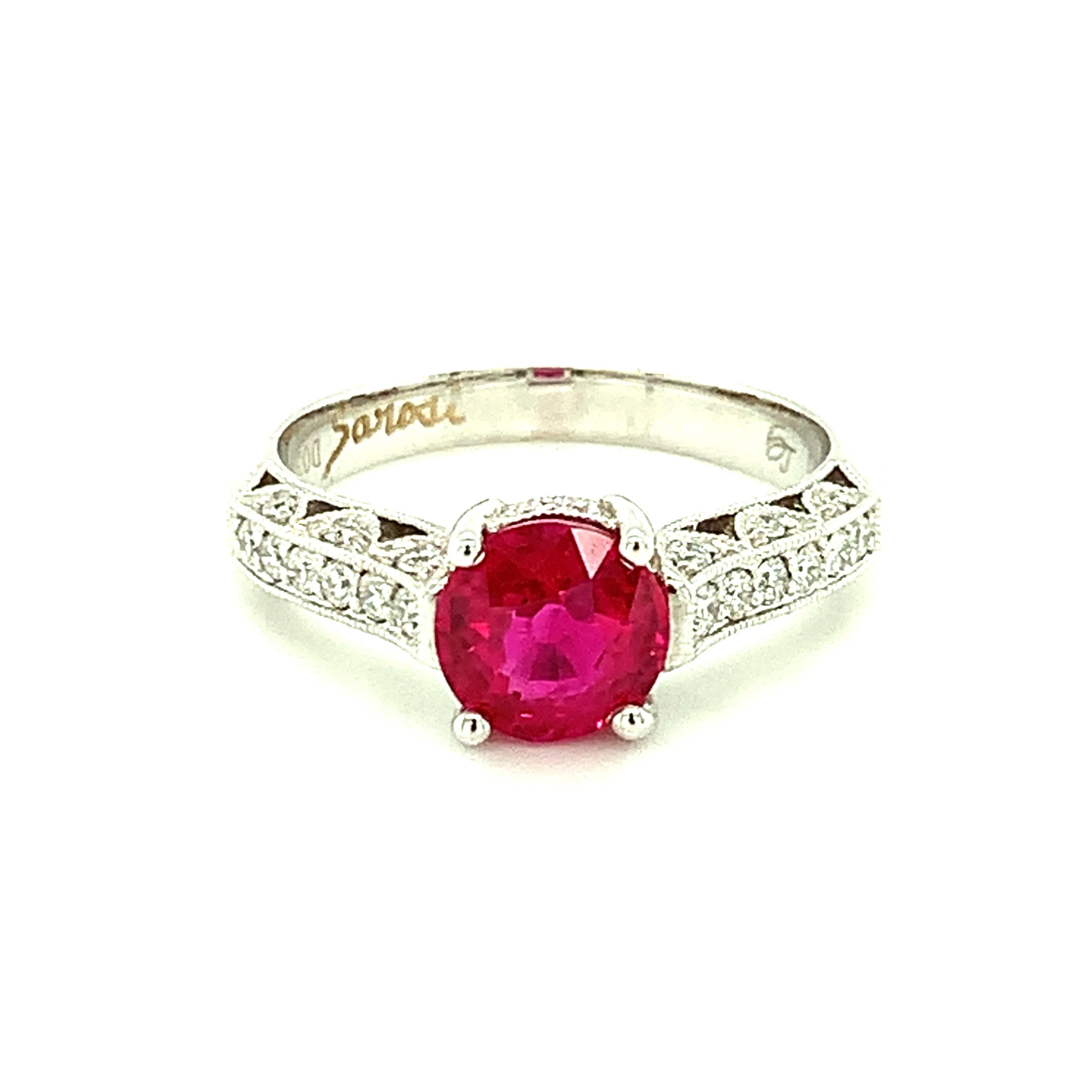 Artisan GIA Certified Burmese Ruby and Diamond White Gold Engagement Ring, 1.45 Carats  For Sale
