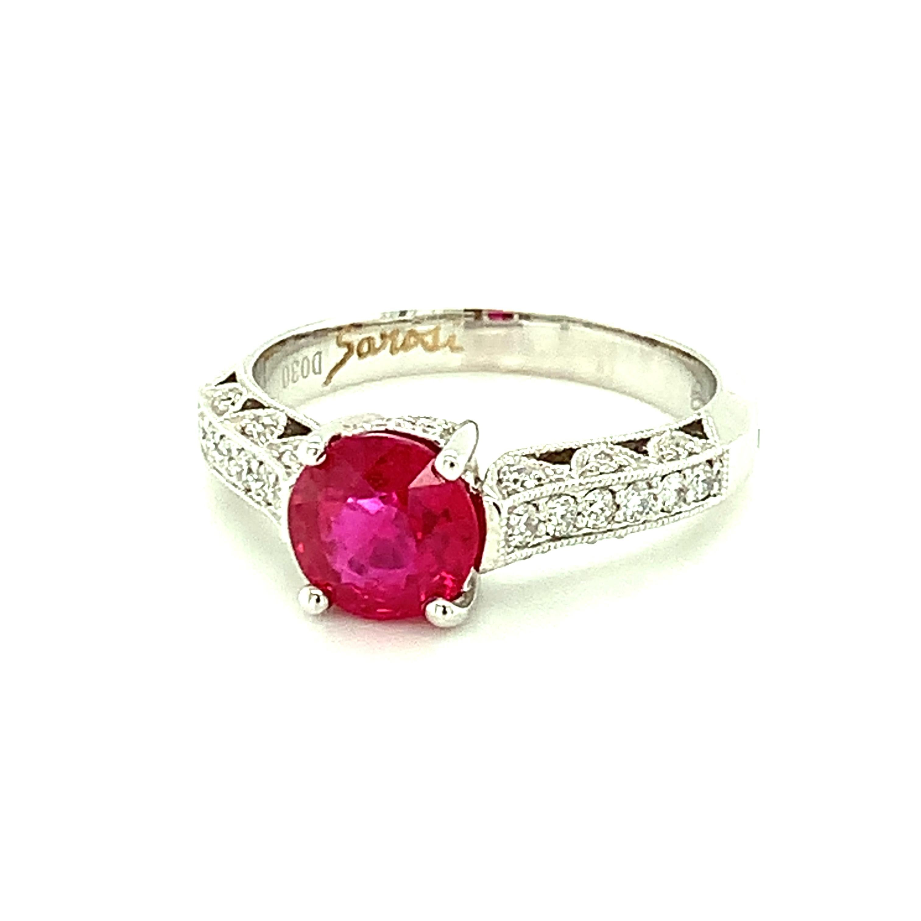 Round Cut GIA Certified Burmese Ruby and Diamond White Gold Engagement Ring, 1.45 Carats  For Sale