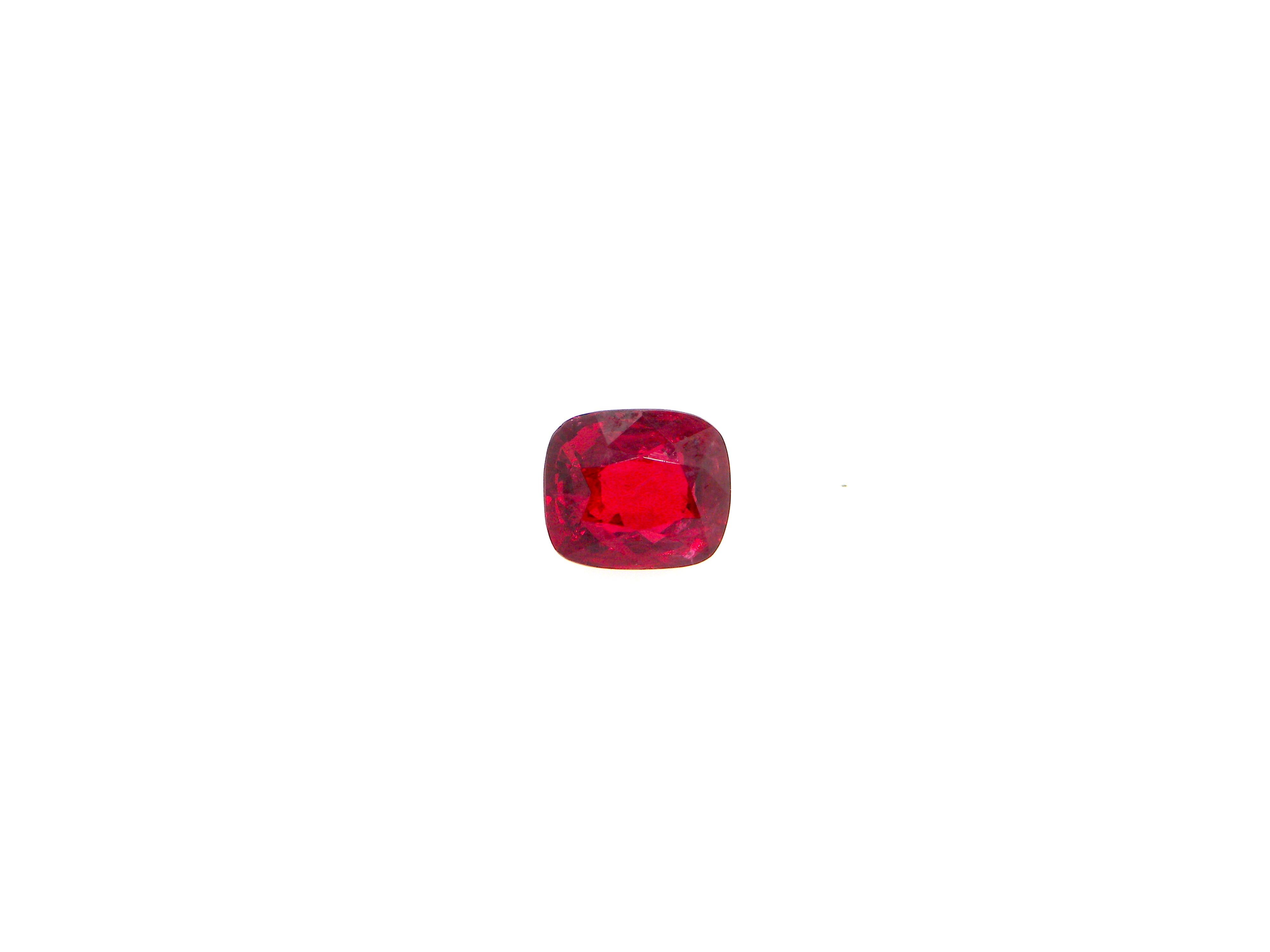 1.46 Carat GRS Certified Unheated Cushion-Cut Burmese Vivid Red Spinel:   

A gorgeous and rare gem, it is a 1.46 carat GRS certified unheated cushion-cut Burmese vivid red spinel. Hailing from the historic Mogok mines in Burma as certified by GRS