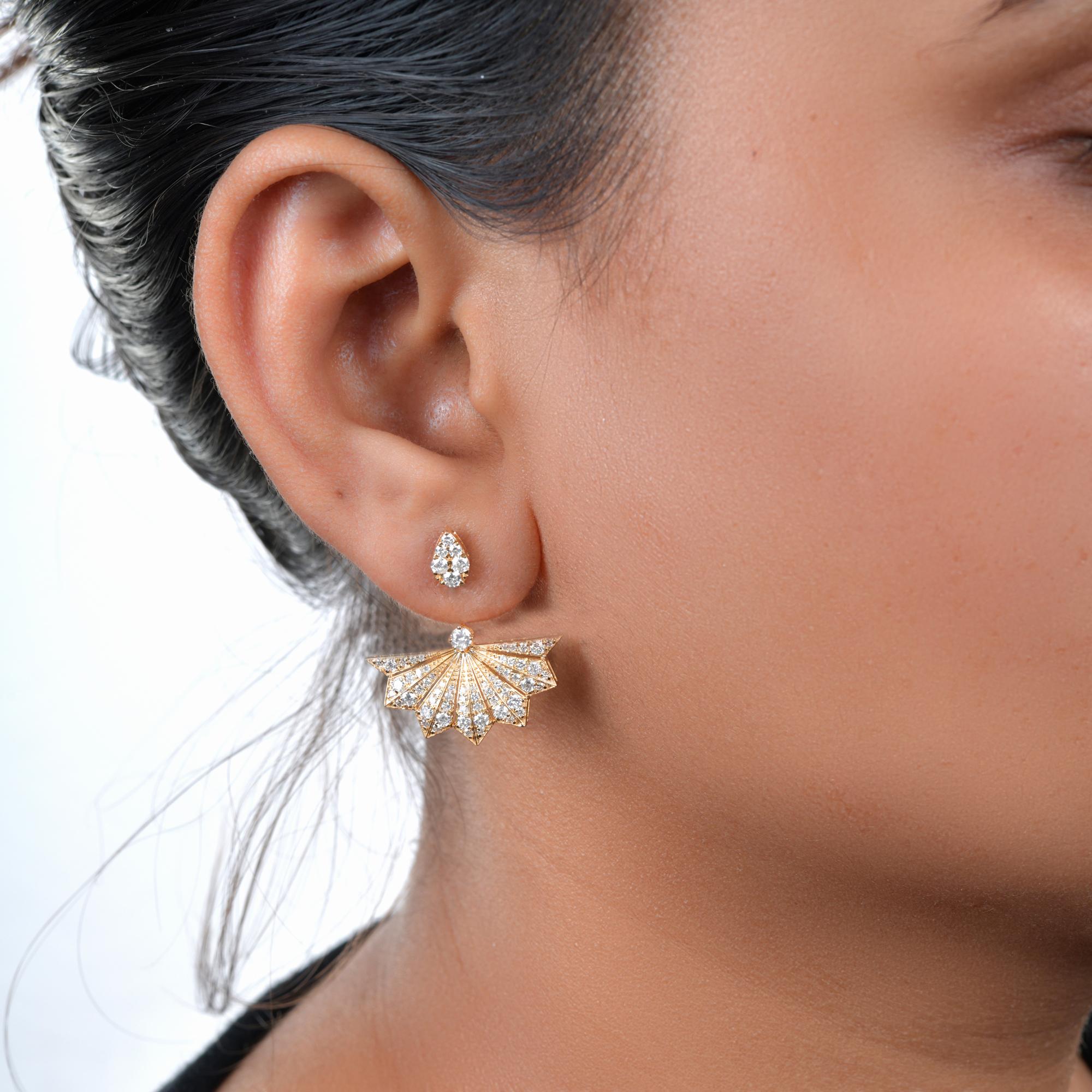 Round Cut 1.45 Carat HI/SI Diamond Yellow Gold Jacket Spider Web Earrings For Sale