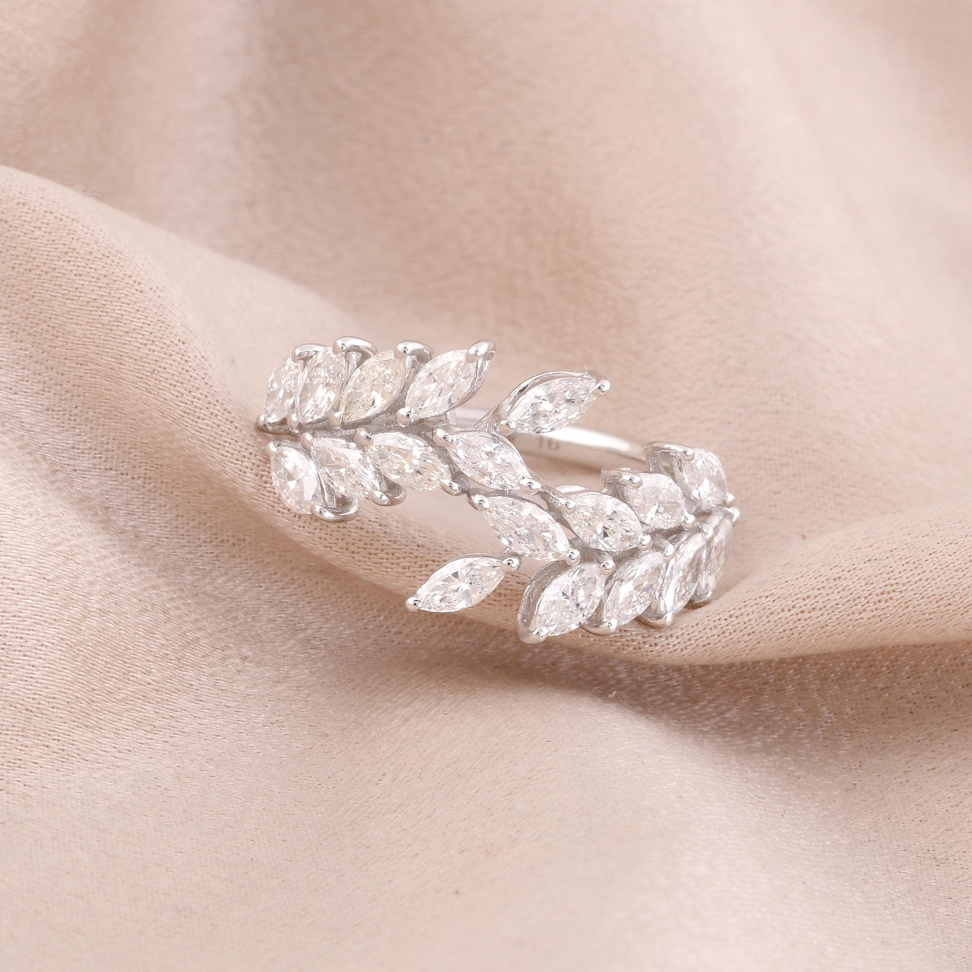 Moderne Bague feuille en or blanc 14 carats avec diamants taille marquise de 1,45 carat, fabrication artisanale en vente