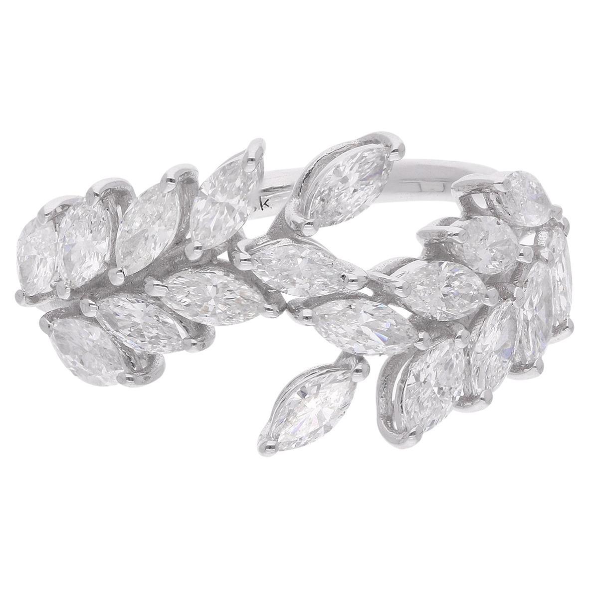 1.45 Carat Marquise Diamond Leaf Ring 14 Karat White Gold Handmade Fine Jewelry For Sale