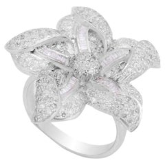 Bague avec fleur en diamant baguette naturel de 1,45 carat, argent et pavé pour femme