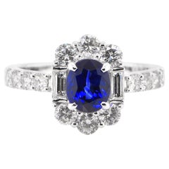 1.45 Carat, Natural, Ceylon, Royal Blue Sapphire & Diamond Ring Set in Platinum