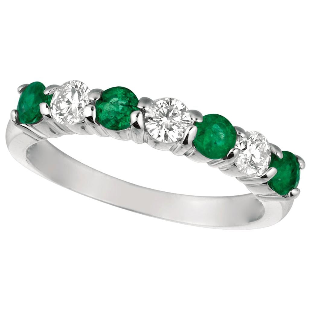 1.45 Carat Natural Diamond and Emerald 7-Stone Ring Band 14 Karat White Gold