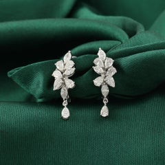 1.45 Carat Natural Diamond Leaf Cluster Drop Earrings 18K White Gold