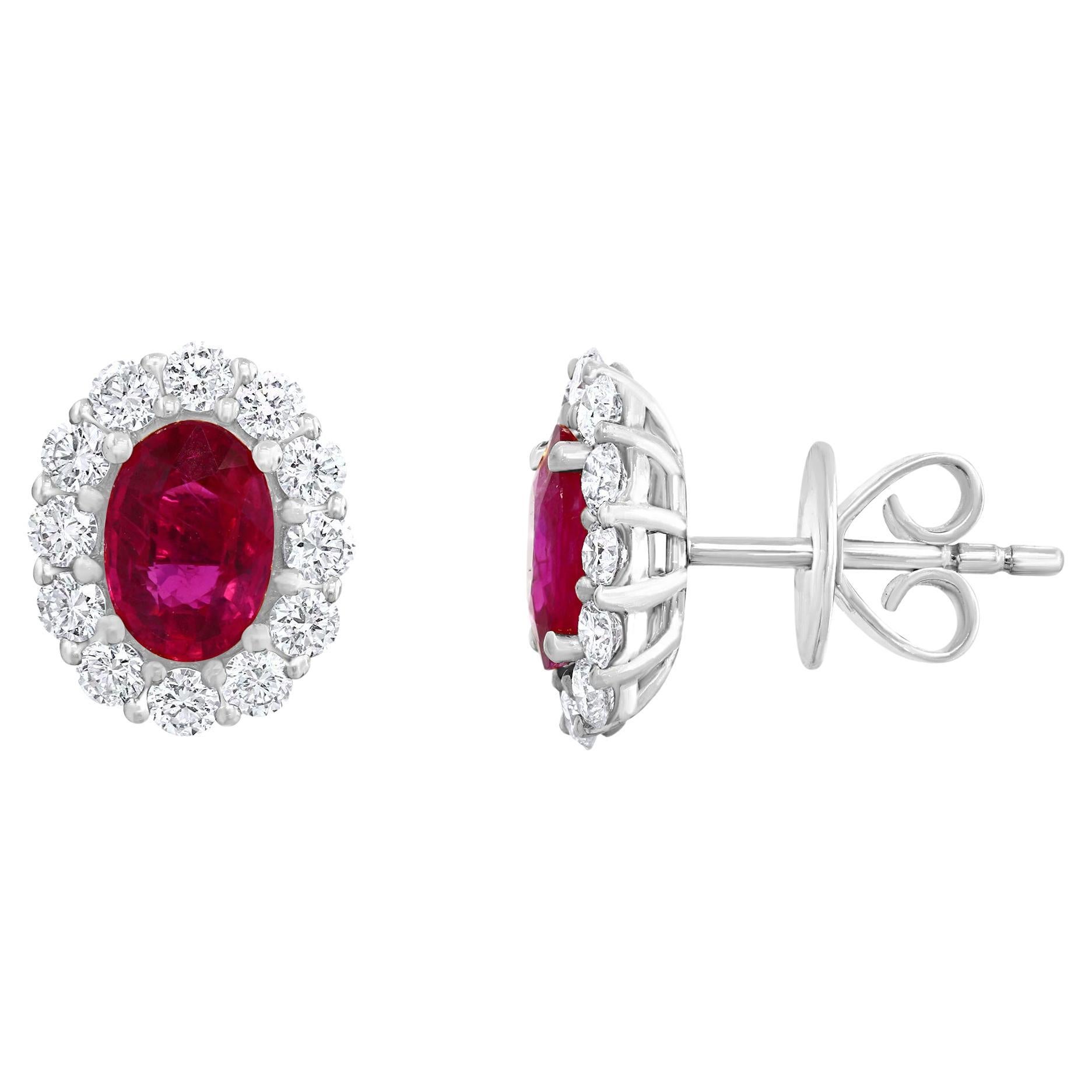 1.45 Carat Oval Cut Ruby and Diamond Stud Earrings in 18K White Gold